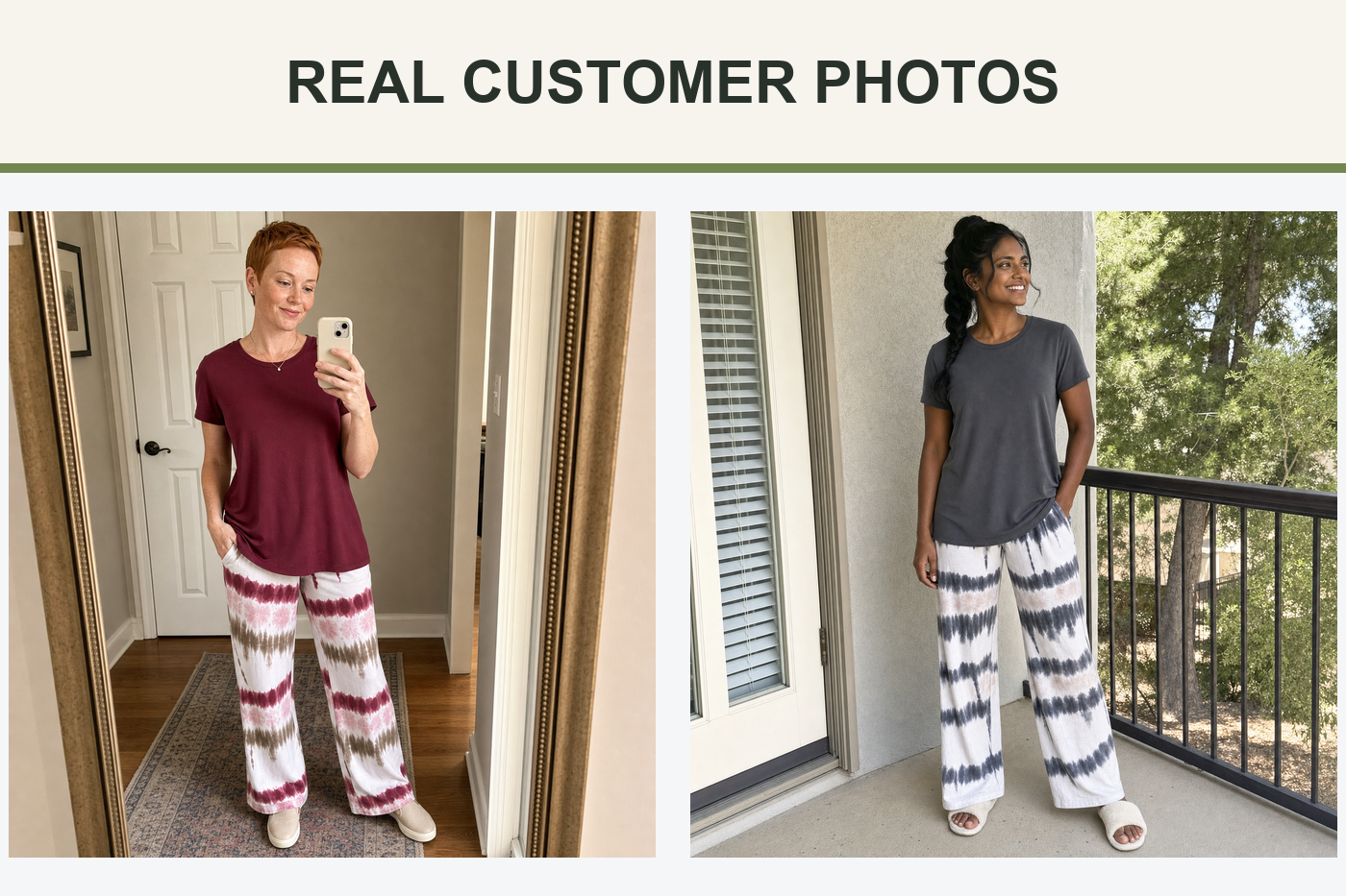 Real customer photos wearing burgundy and charcoal lounge sets
