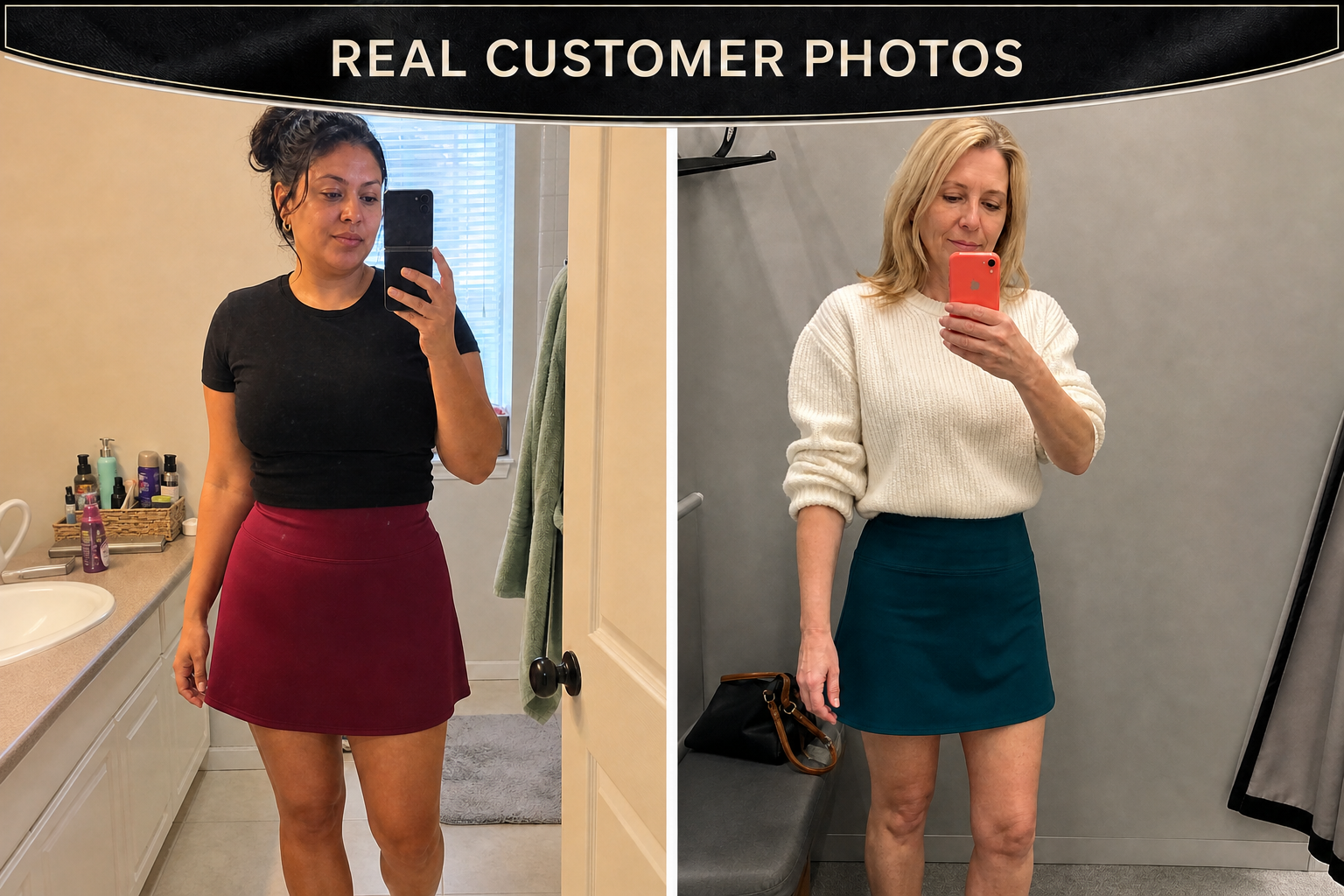 Real customer photos wearing burgundy and deep teal mini skirts
