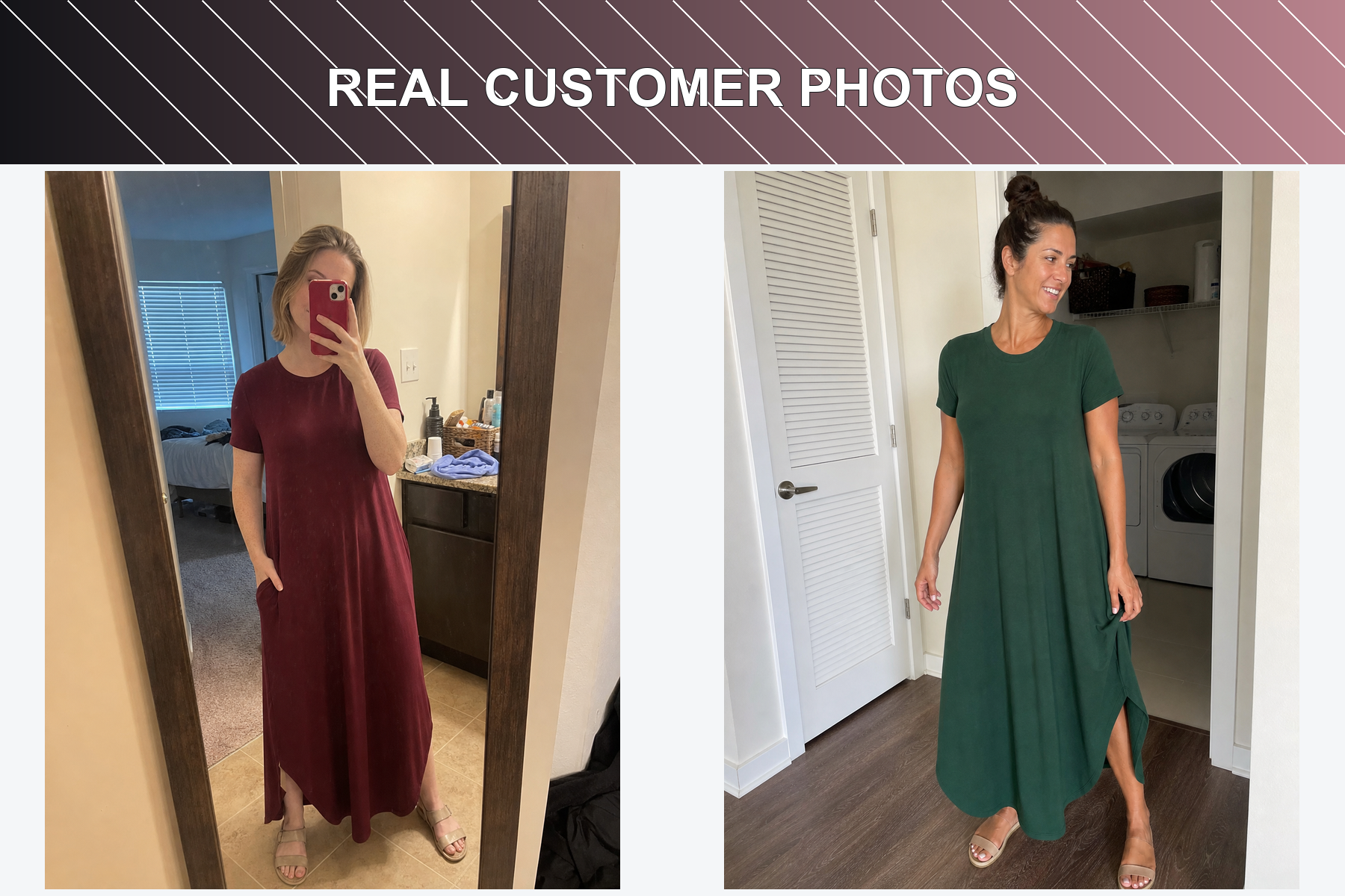 Real customer photos wearing burgundy and forest green pocket maxi dresses