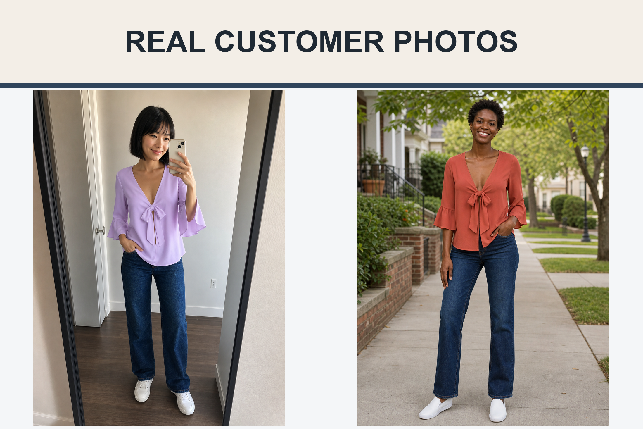 Real customer photos wearing lavender and terracotta tie-front blouses