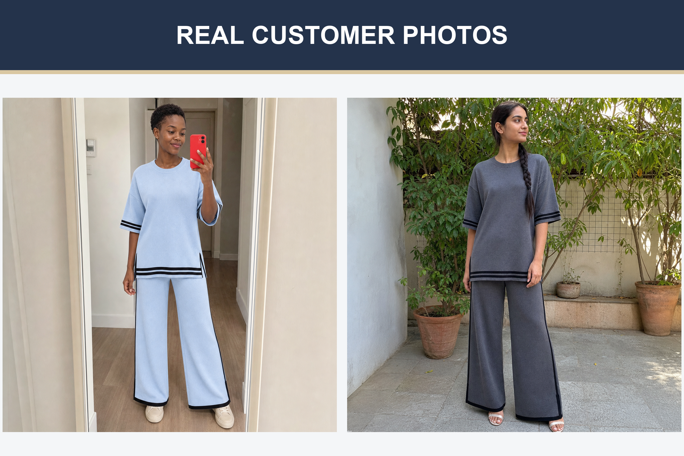 Real customer photos wearing powder blue and charcoal knit pants sets