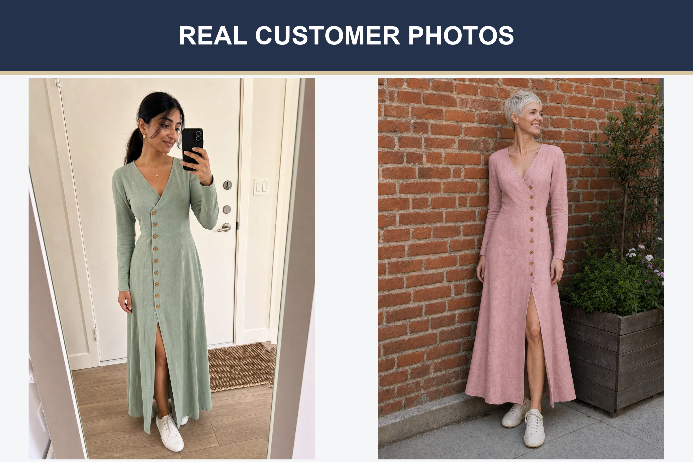 Real customer button slit maxi dress photos in sage and dusty rose