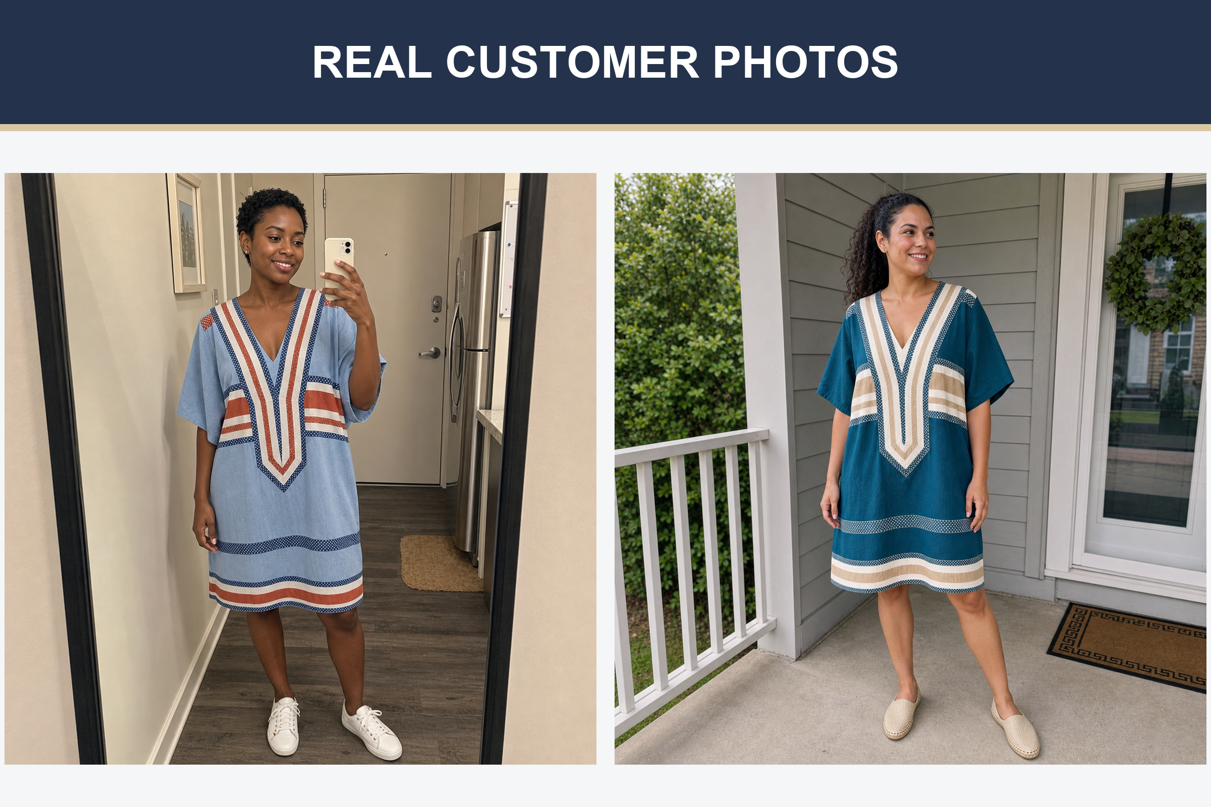 Real customer kaftan photos in dusty blue and teal