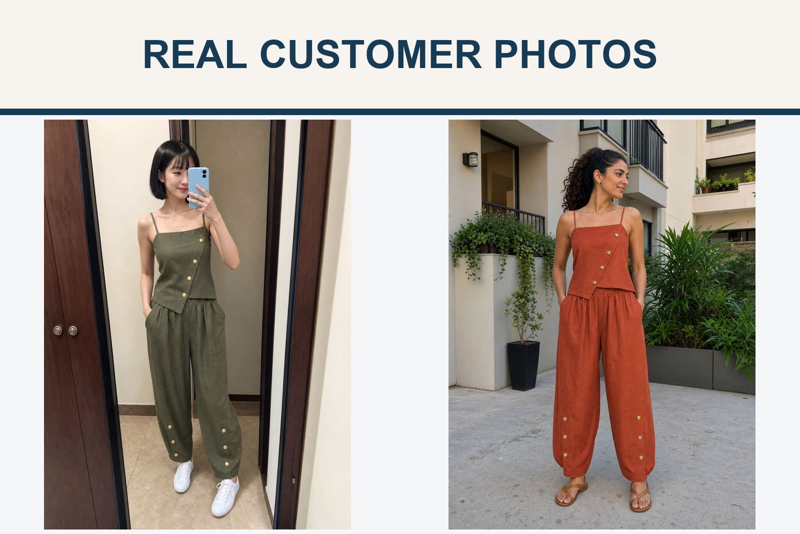 Real customer photos wearing olive and terracotta sets