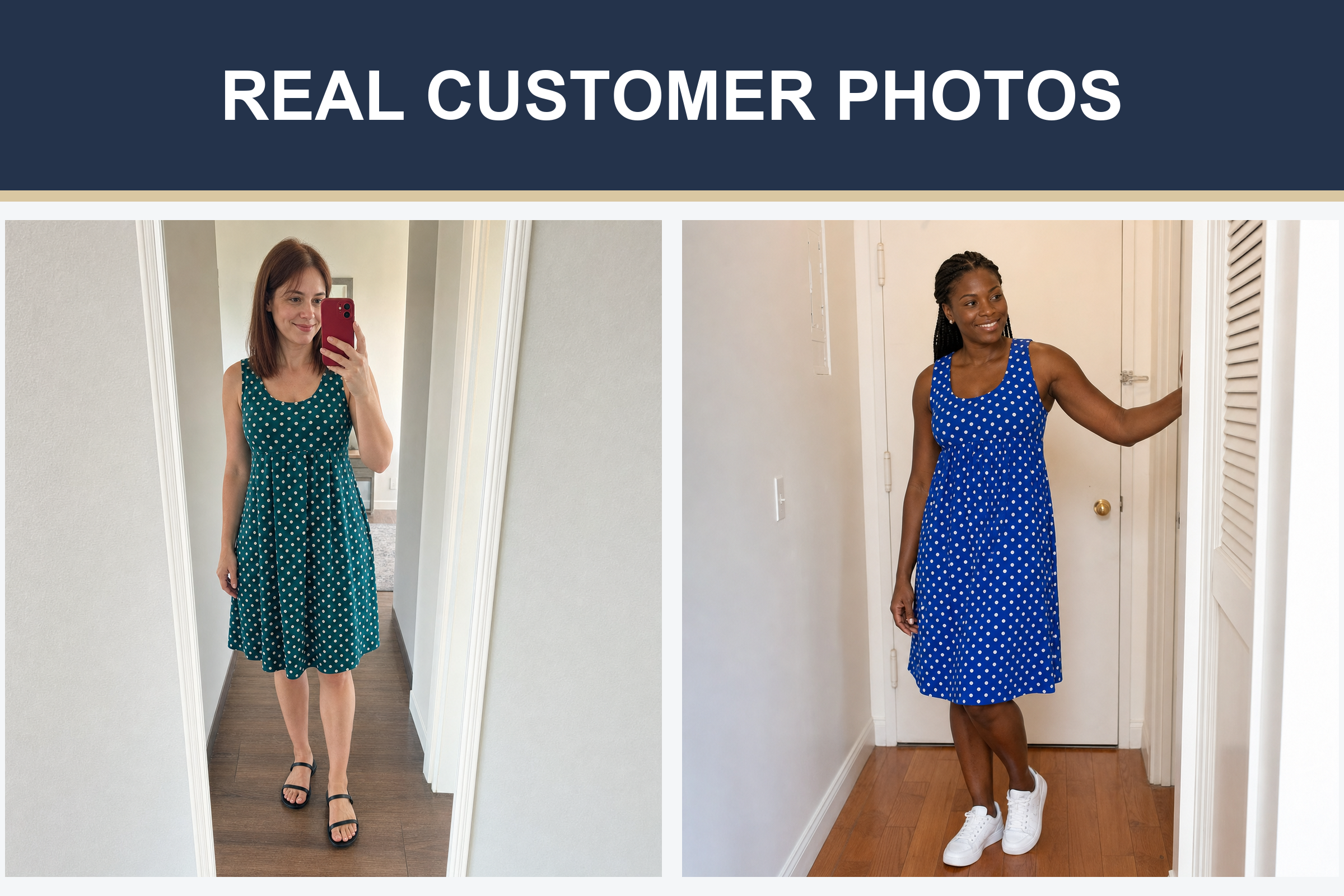 Real customer photos wearing teal and royal blue polka dot dresses