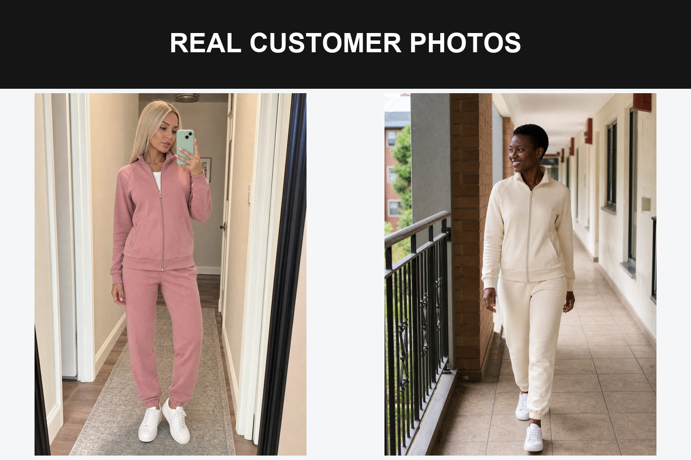Real customers wearing dusty rose and cream tracksuits