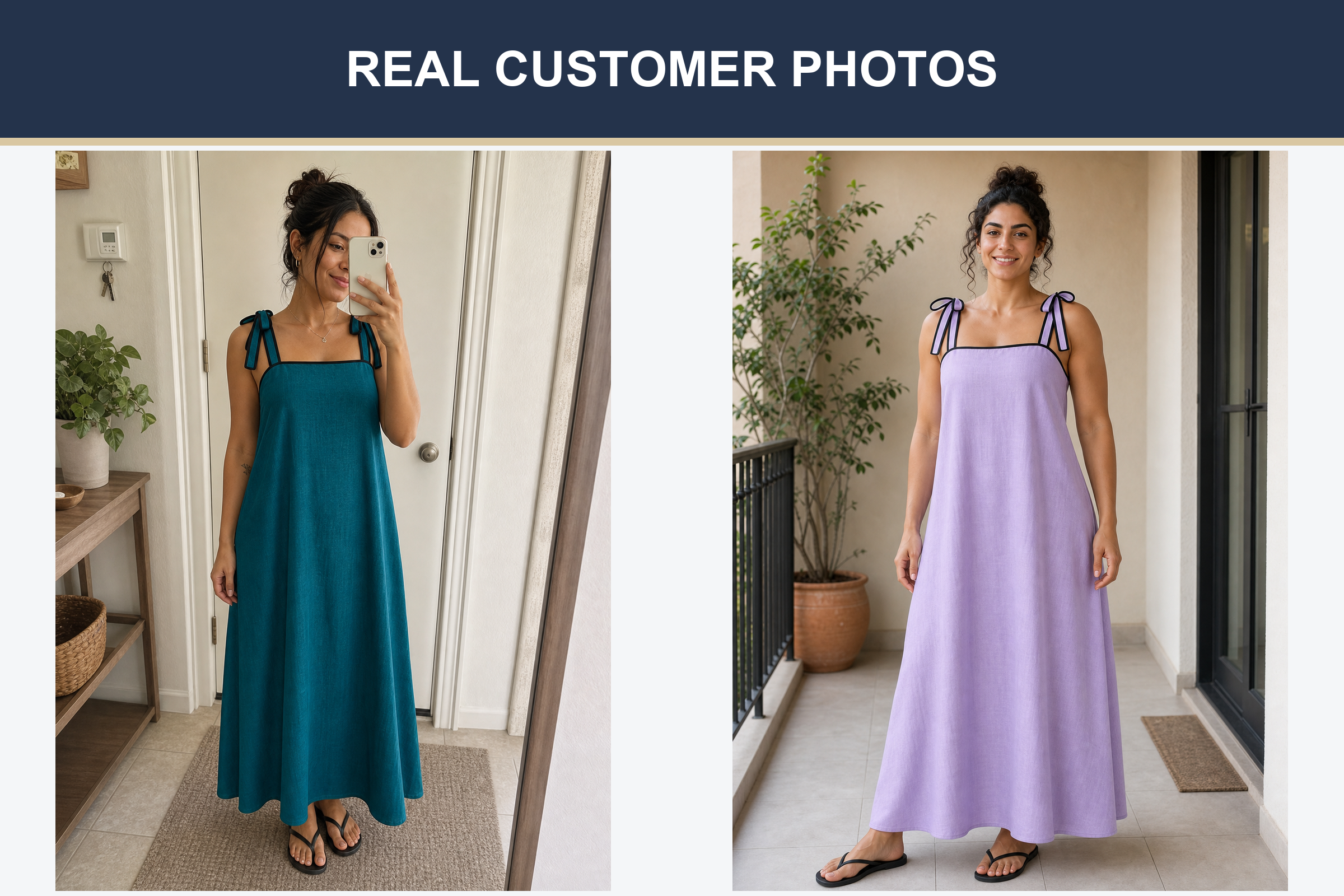 Real customer photos in deep teal and lavender dresses