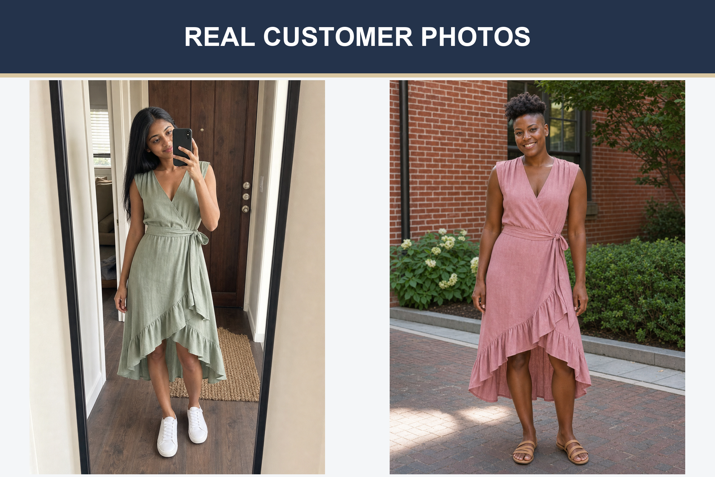 Real customer wrap midi dress photos in sage green and dusty rose
