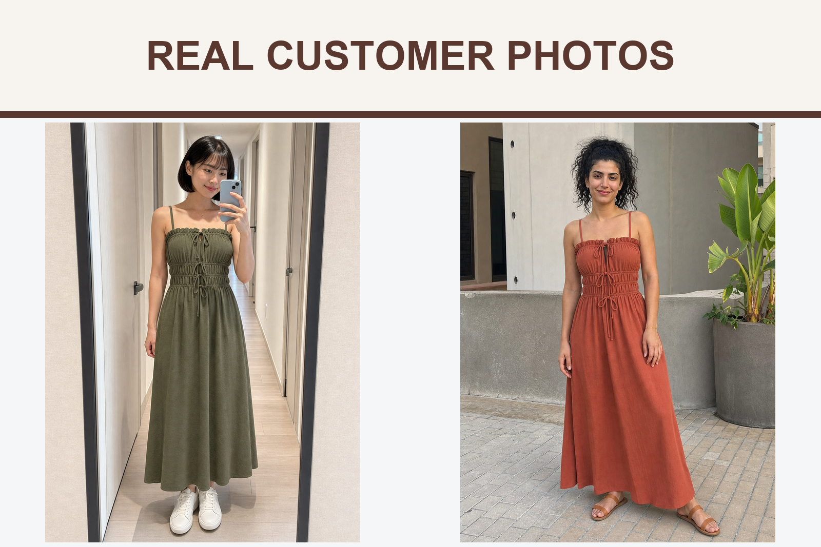 Real customer photos wearing olive and terracotta maxi dresses