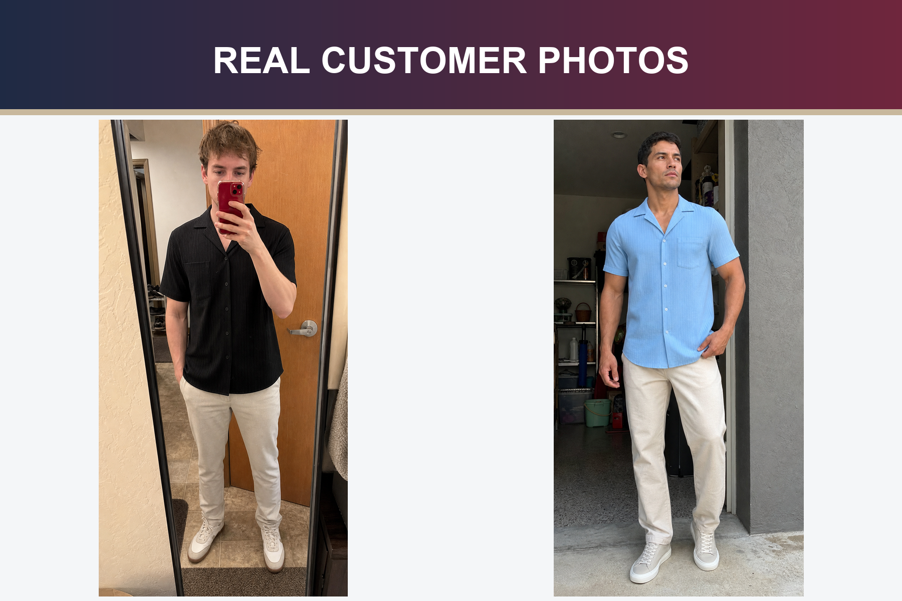 Real customer photos wearing black and sky blue shirts