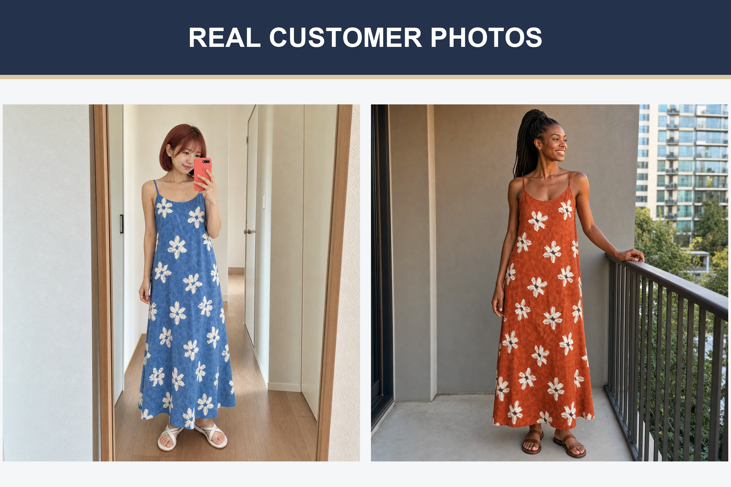 Real customer photos wearing dusty blue and terracotta floral maxi dresses