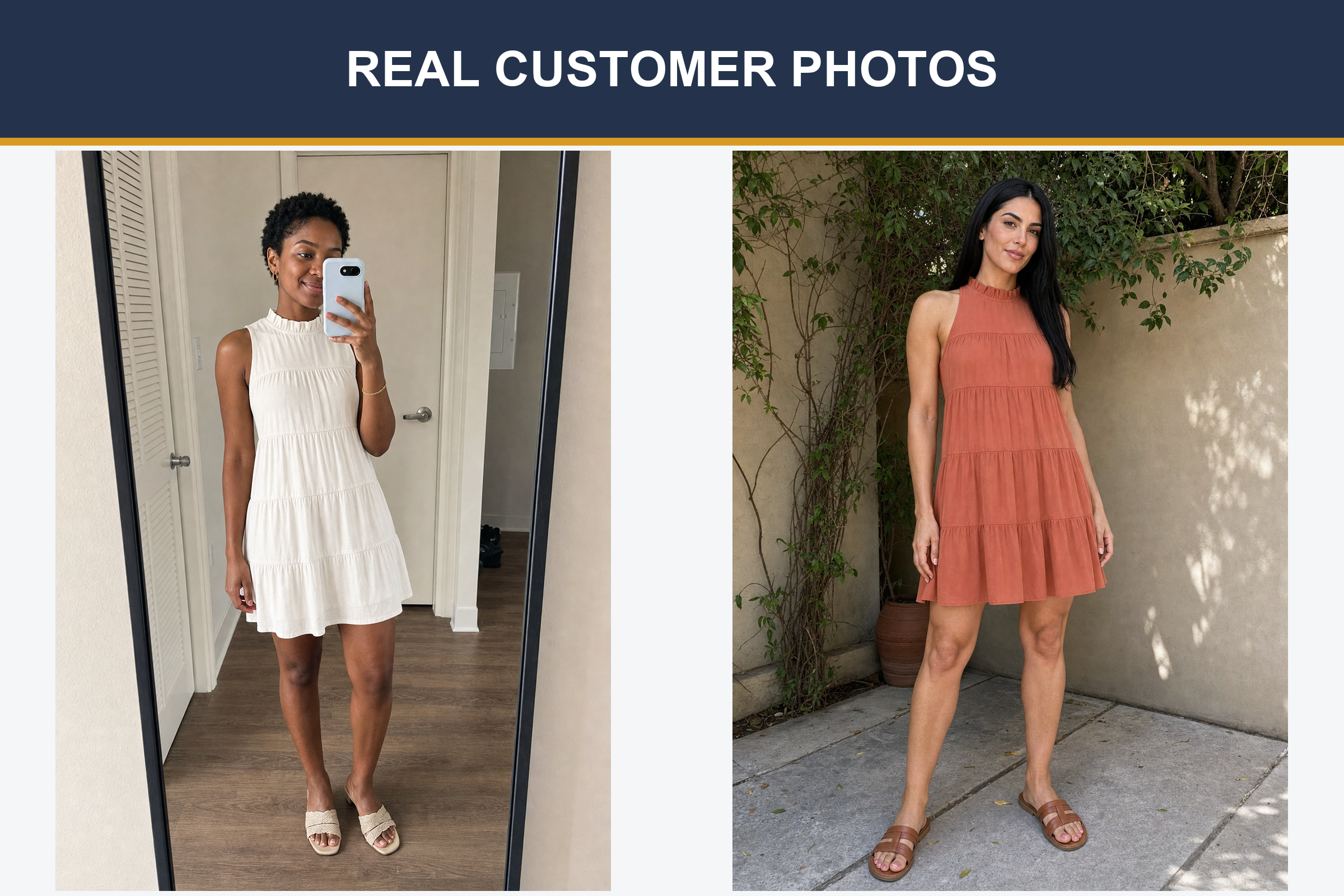 Real customer photos wearing ivory and terracotta tiered dresses