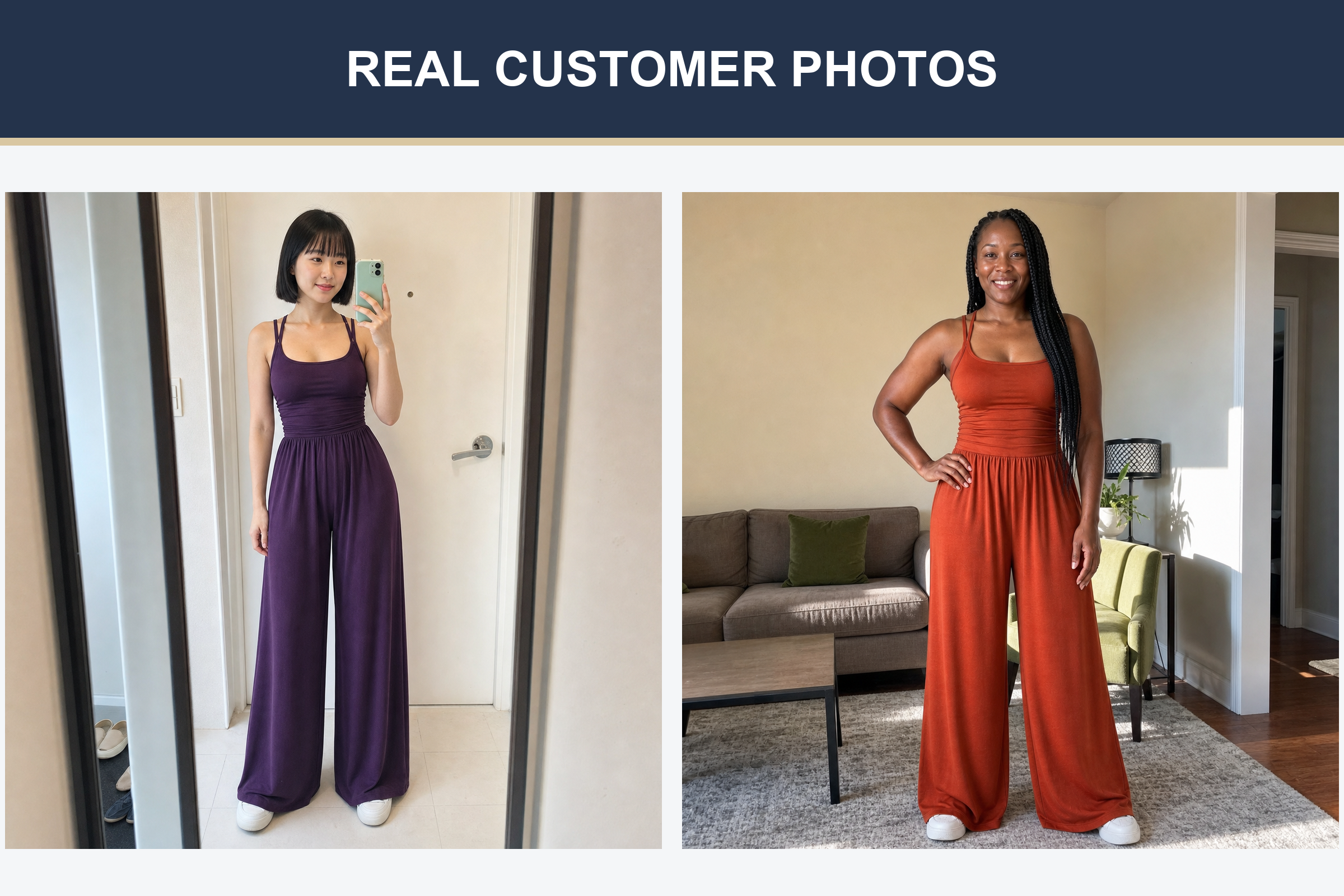 Real customer photos wearing plum purple and rust terracotta wide-leg jumpsuits