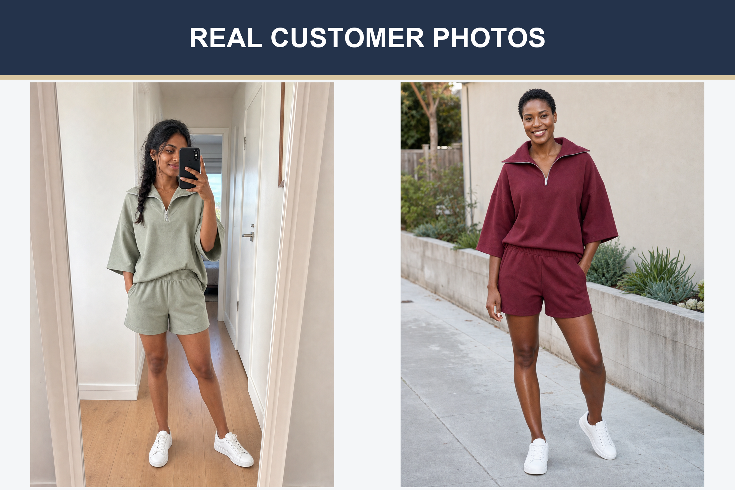 Real customer half-zip shorts set photos in sage green and burgundy