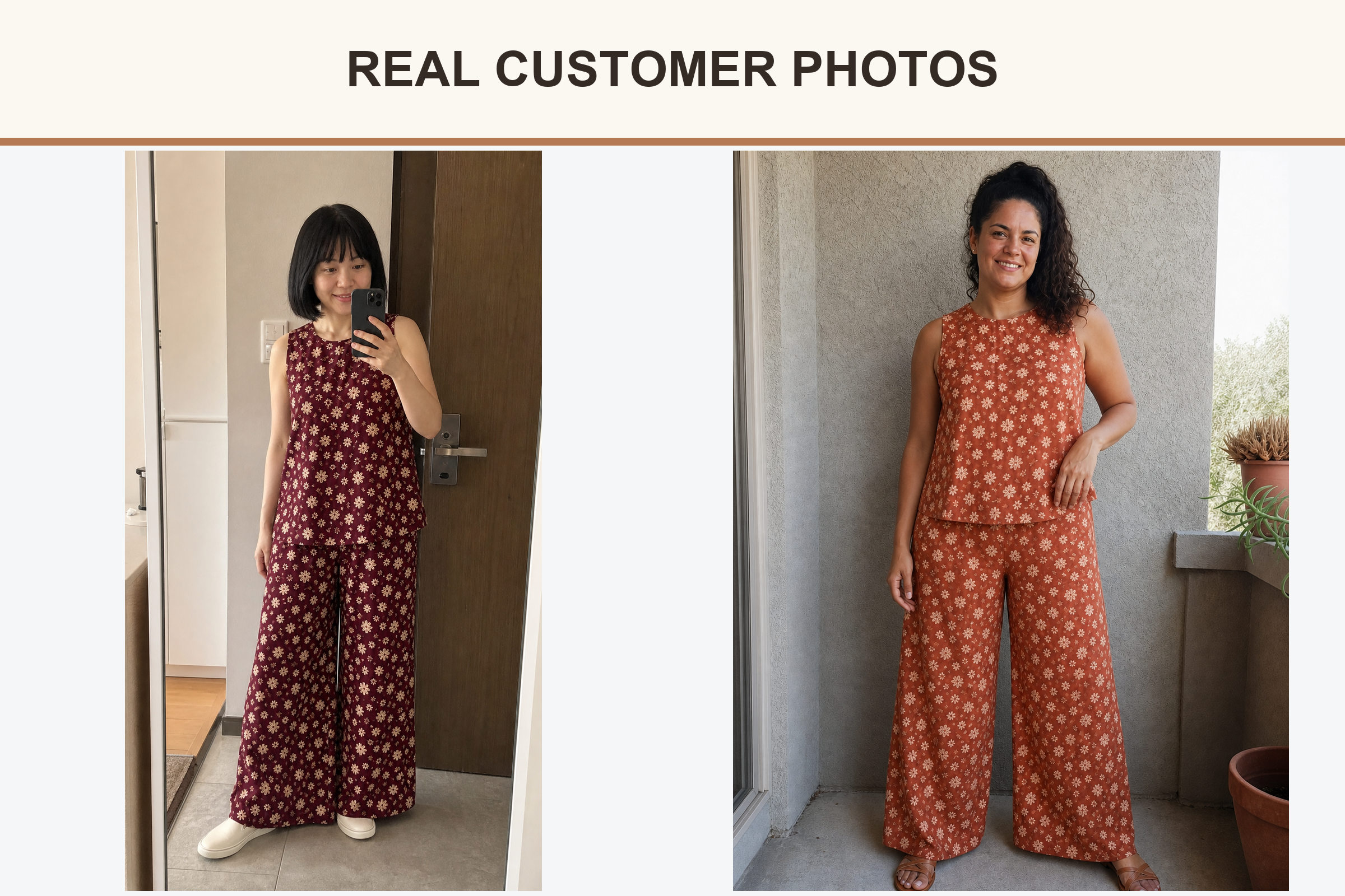 Customer photos wearing burgundy and terracotta daisy print sets