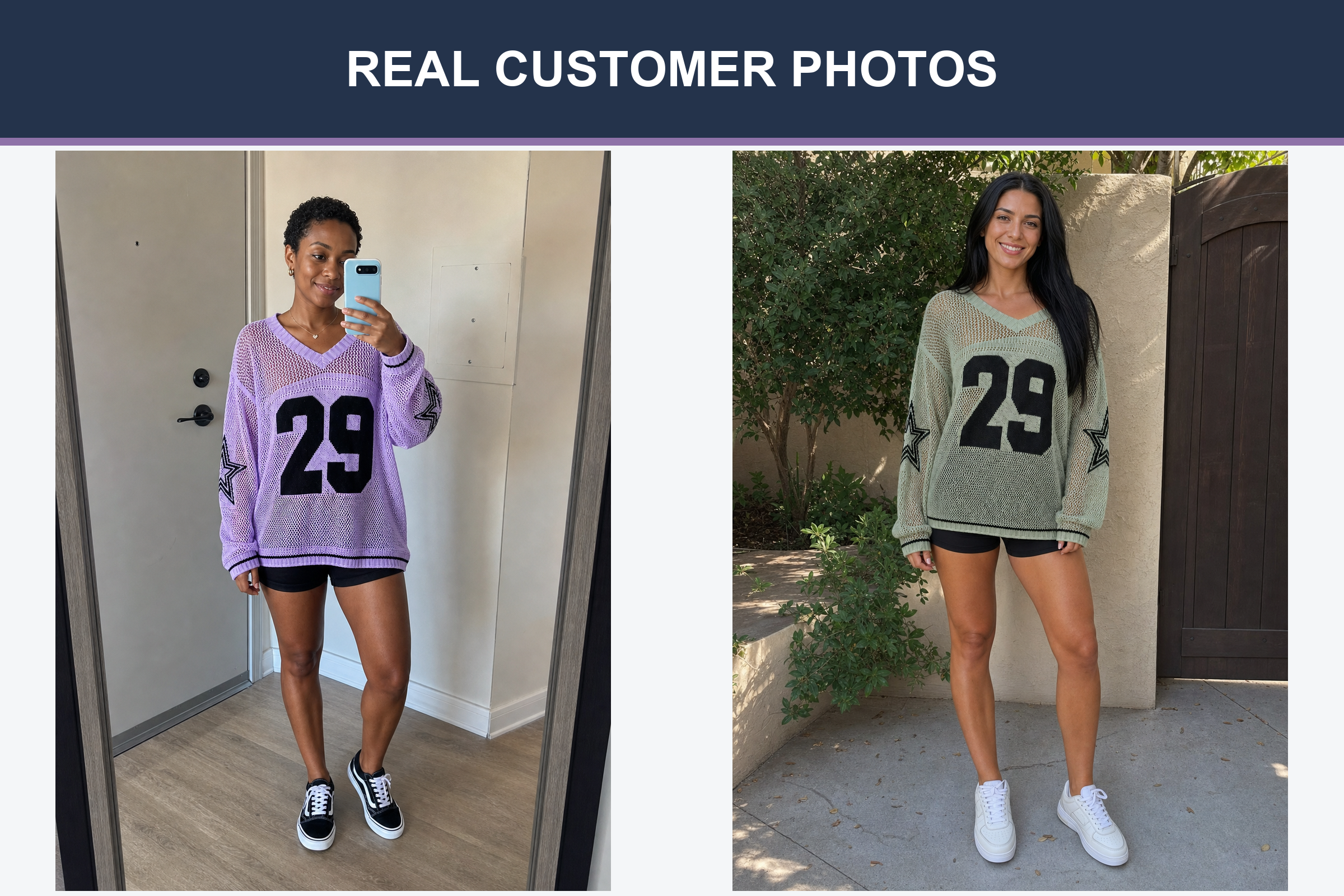 Real customer photos wearing lavender and sage open knit star sweaters