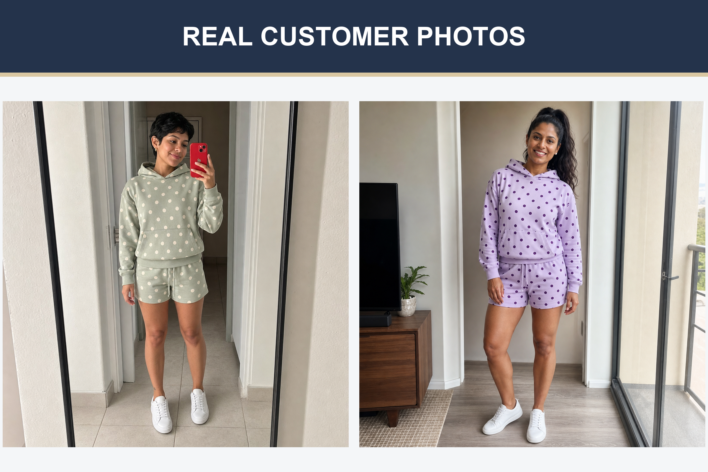 Real customer photos wearing sage and lavender polka dot sets