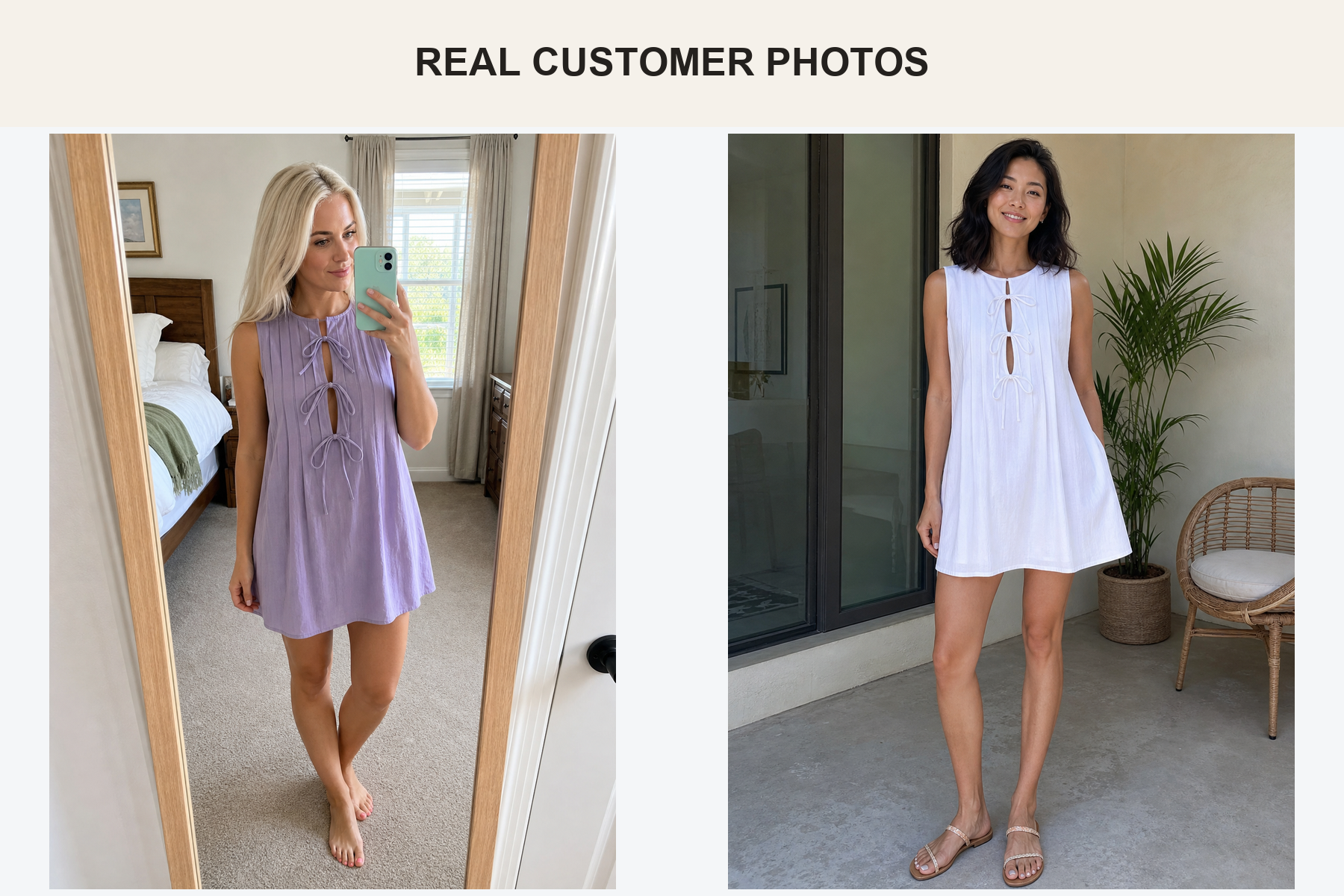 Real customer photos wearing lavender and white tie-front dresses