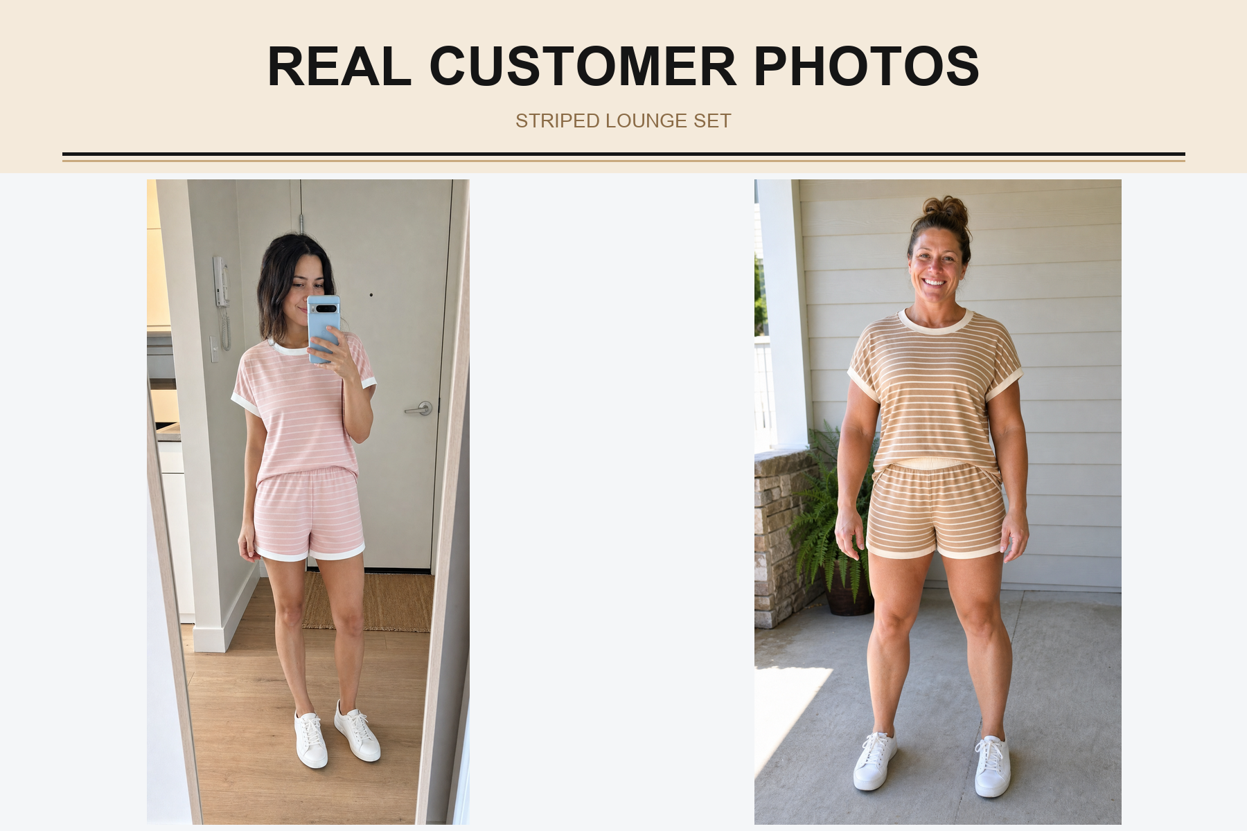 Real customer photos wearing blush and camel striped lounge sets