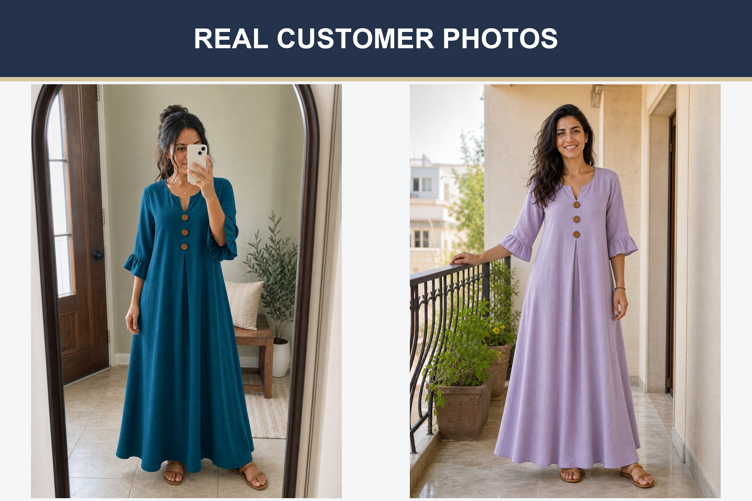 Real customer photos in deep teal and lavender dresses