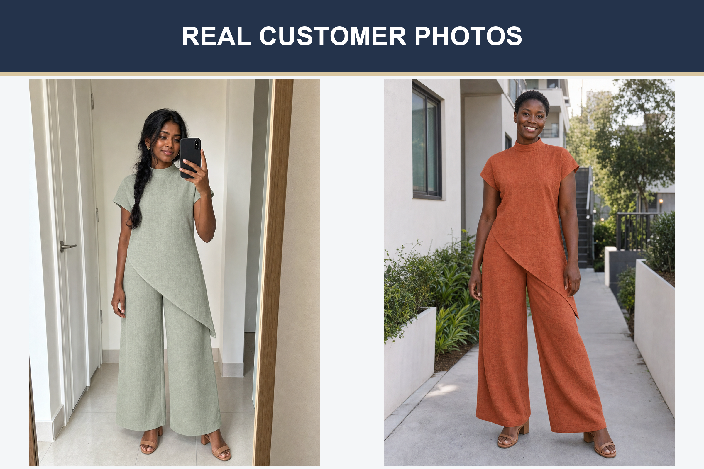 Real customer asymmetric pants set photos in sage green and rust