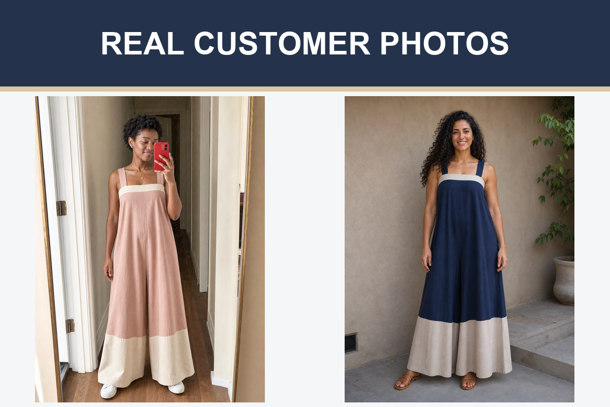 Customer photos wearing blush and navy colorblock jumpsuits
