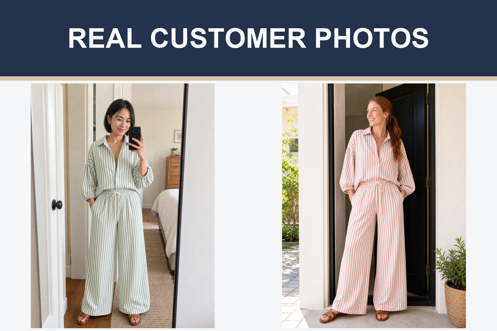 Real customer photos wearing sage and rose striped pants sets