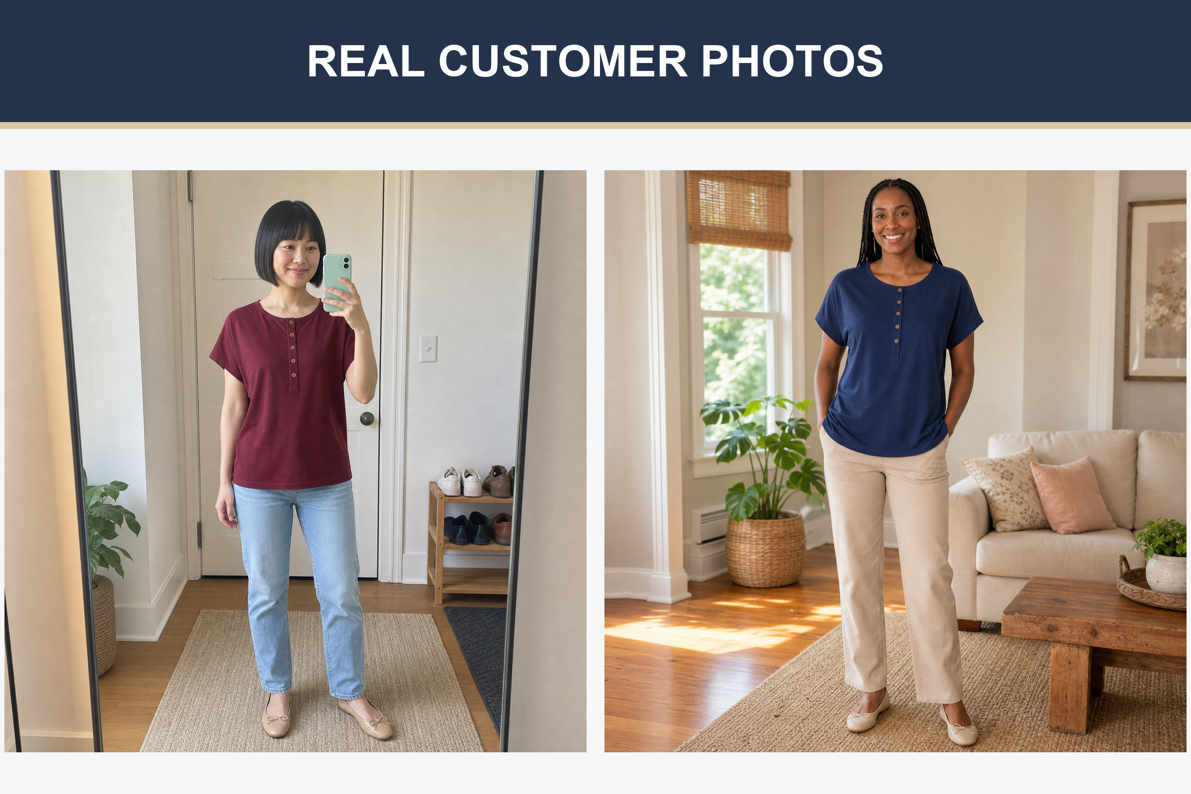 Real customer photos wearing burgundy and deep navy Henley tops