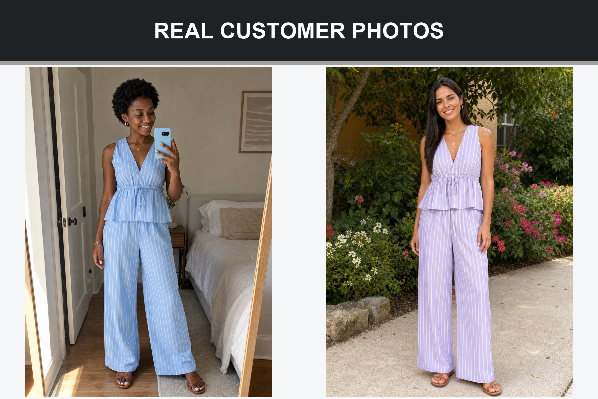 Real customer photos wearing sky blue and lavender pinstripe pants sets