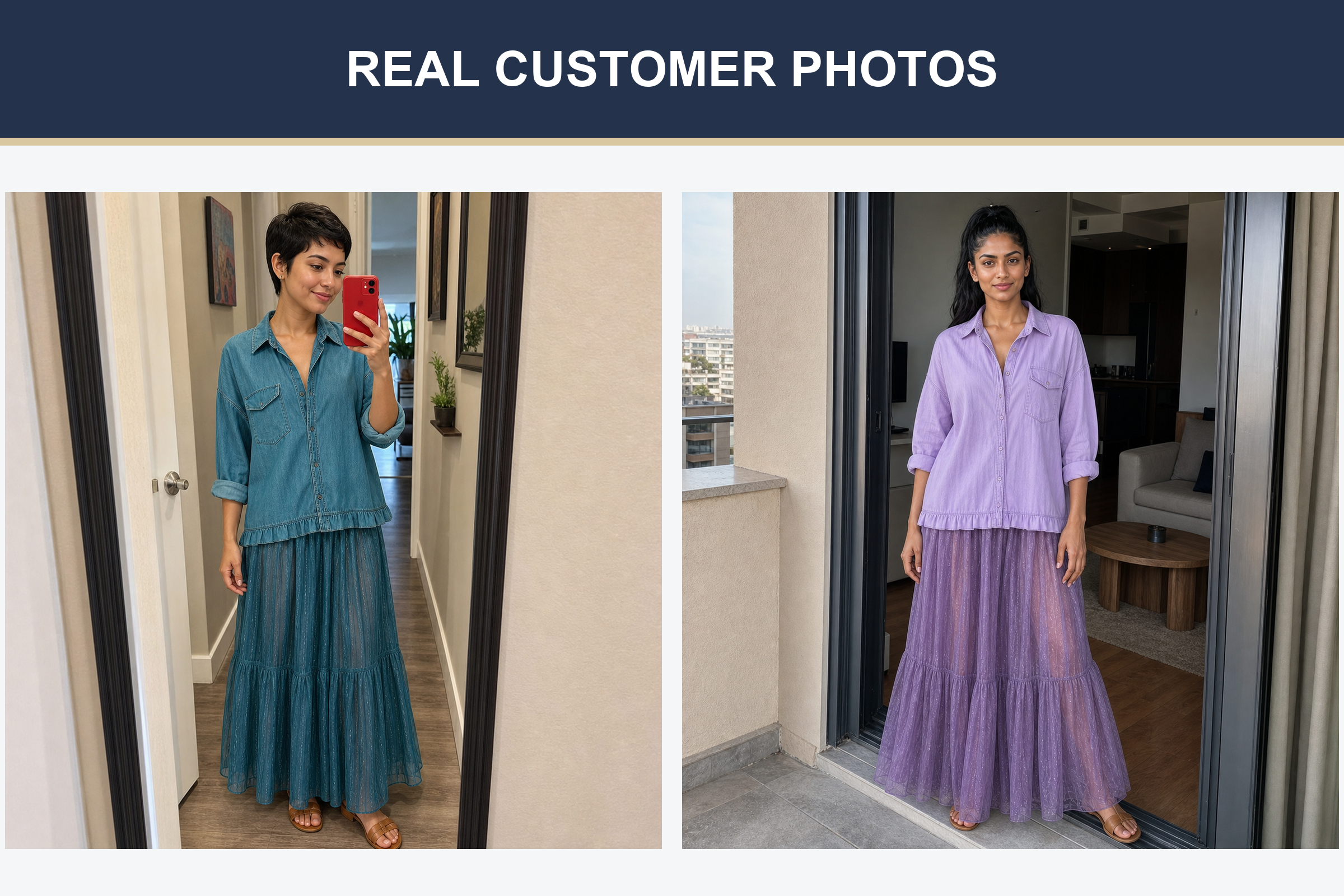 Real customer photos wearing teal and lavender tiered skirt sets