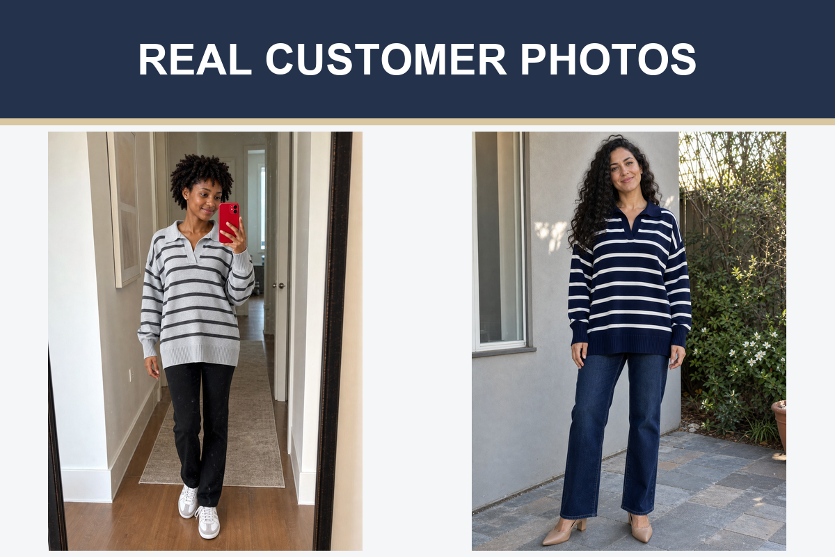 Customer photos wearing grey and navy striped knit tops