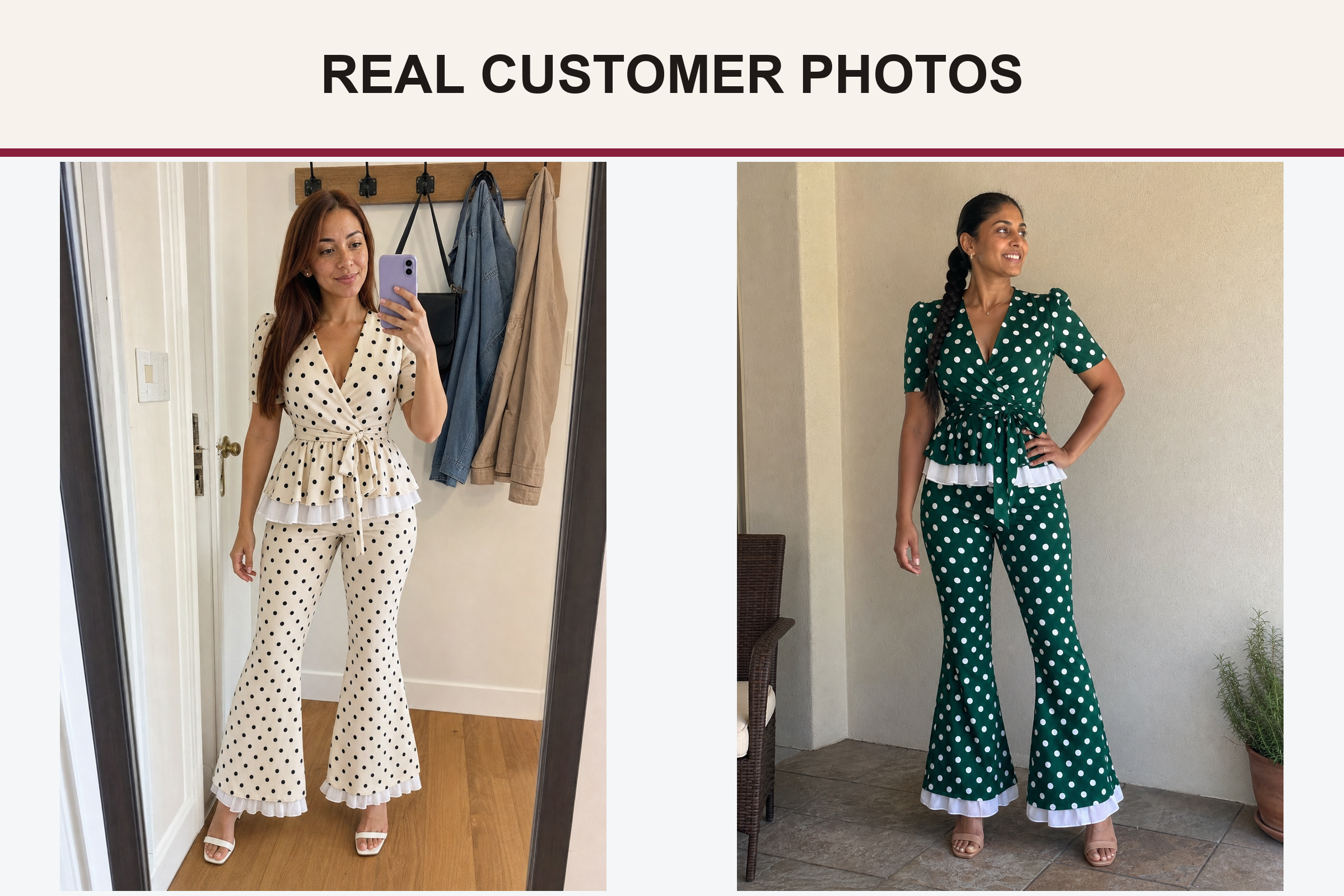 Real customer polka dot set photos in ivory and emerald
