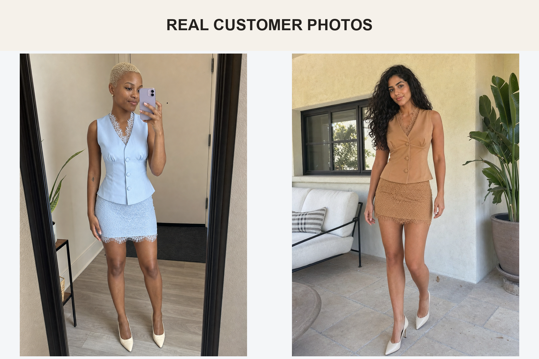 Real customer photos wearing powder blue and camel lace sets