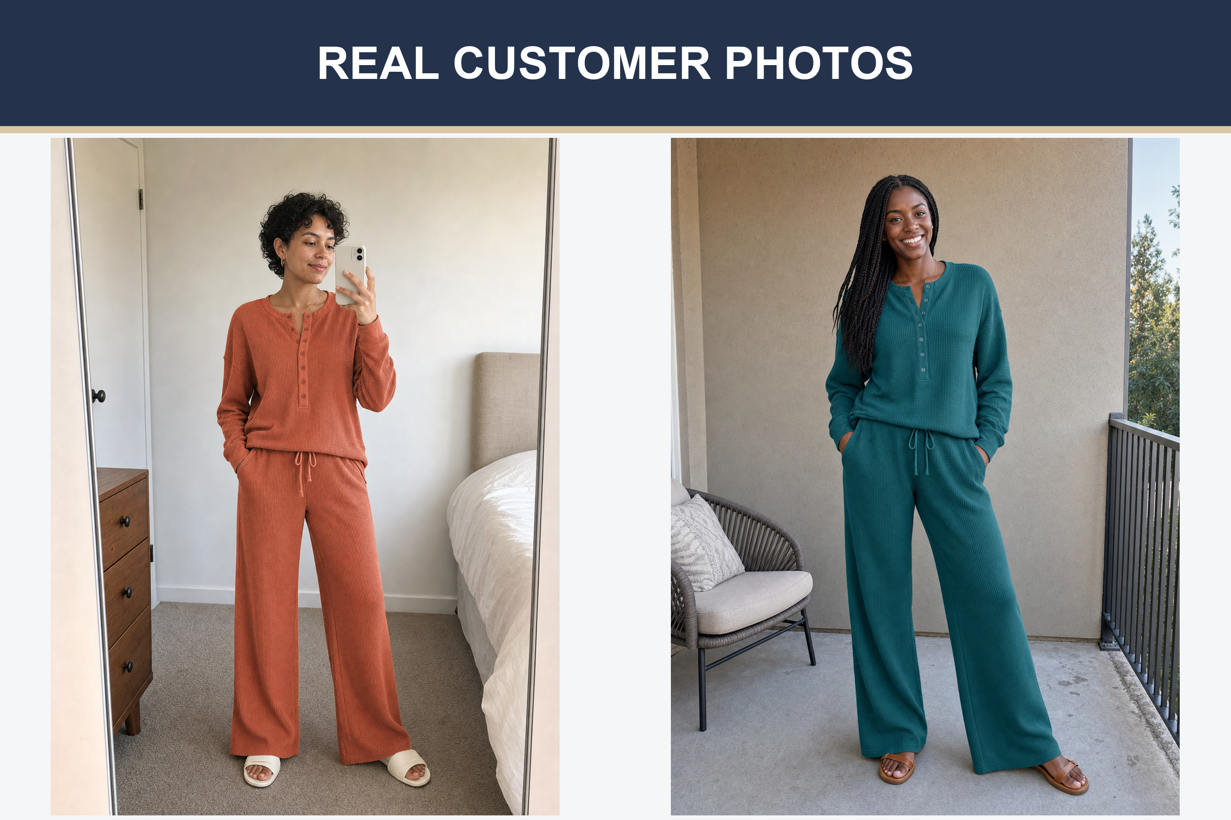 Real customer photos in terracotta and deep teal lounge sets