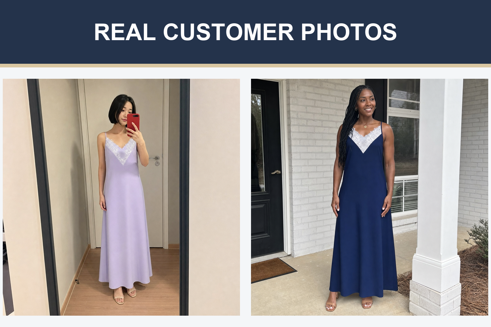Real customer photos wearing lavender and navy lace trim maxi dresses