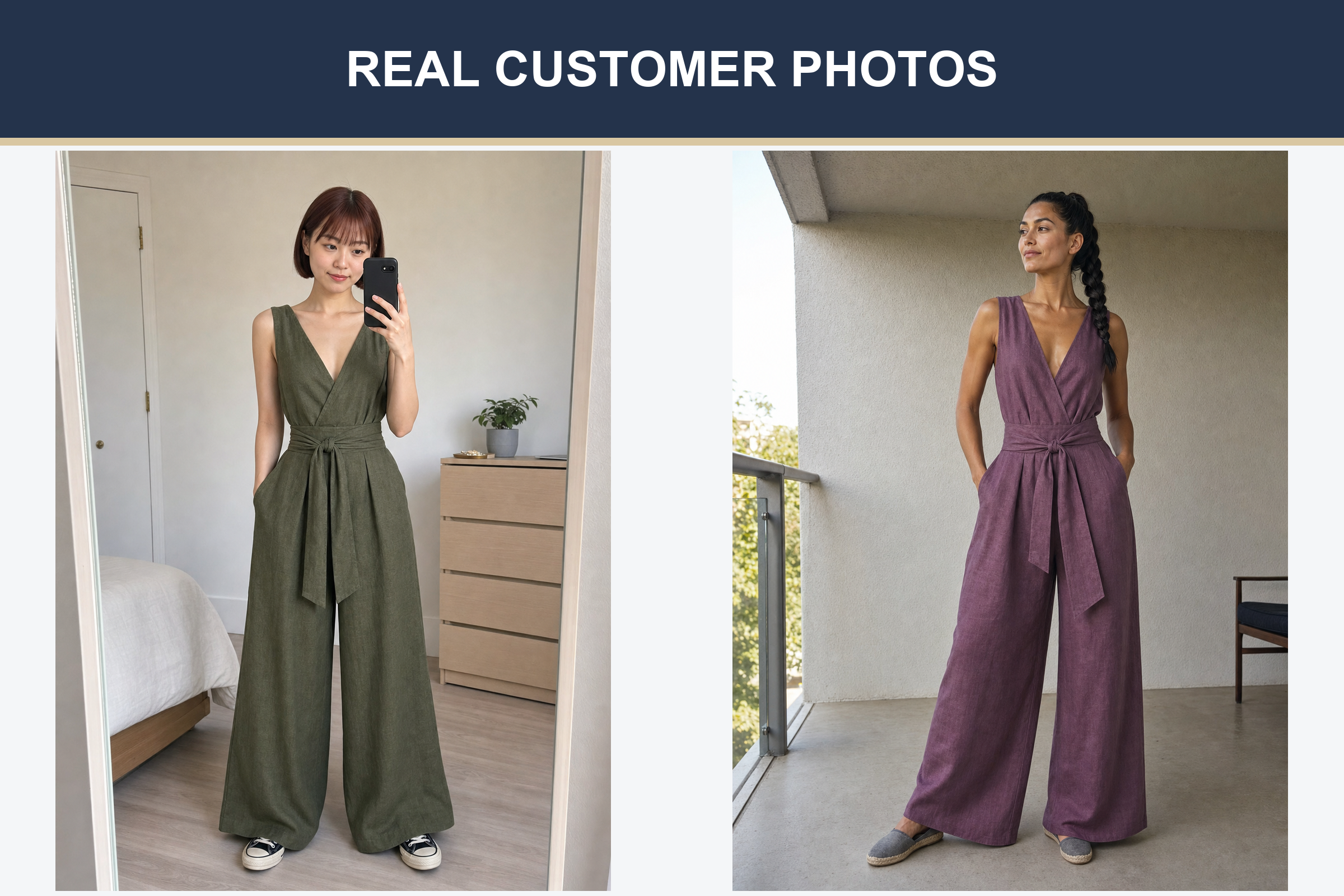Real customer photos wearing olive and plum wide-leg jumpsuits