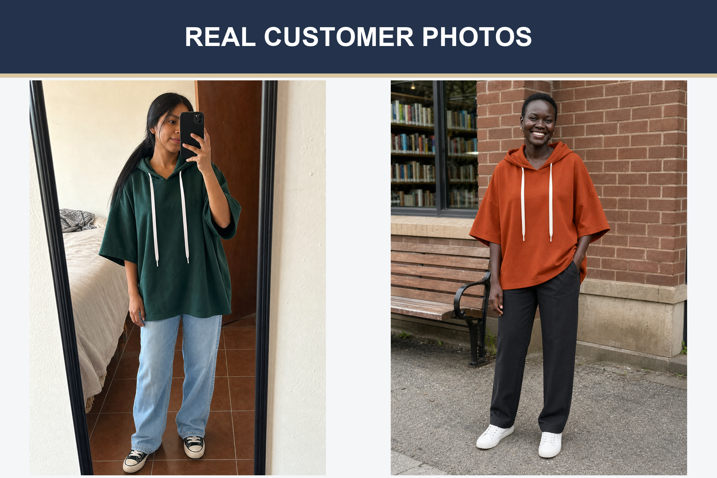Real customer oversized hoodie photos in forest green and rust