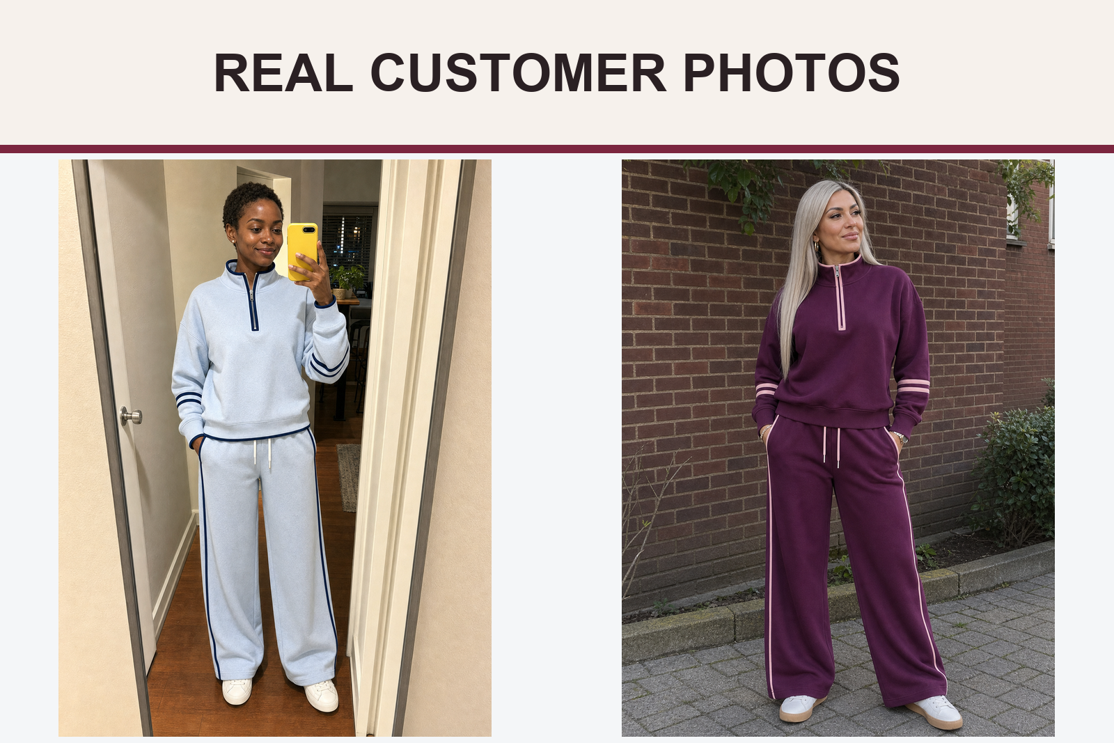 Real customer photos in powder blue navy and plum blush sets