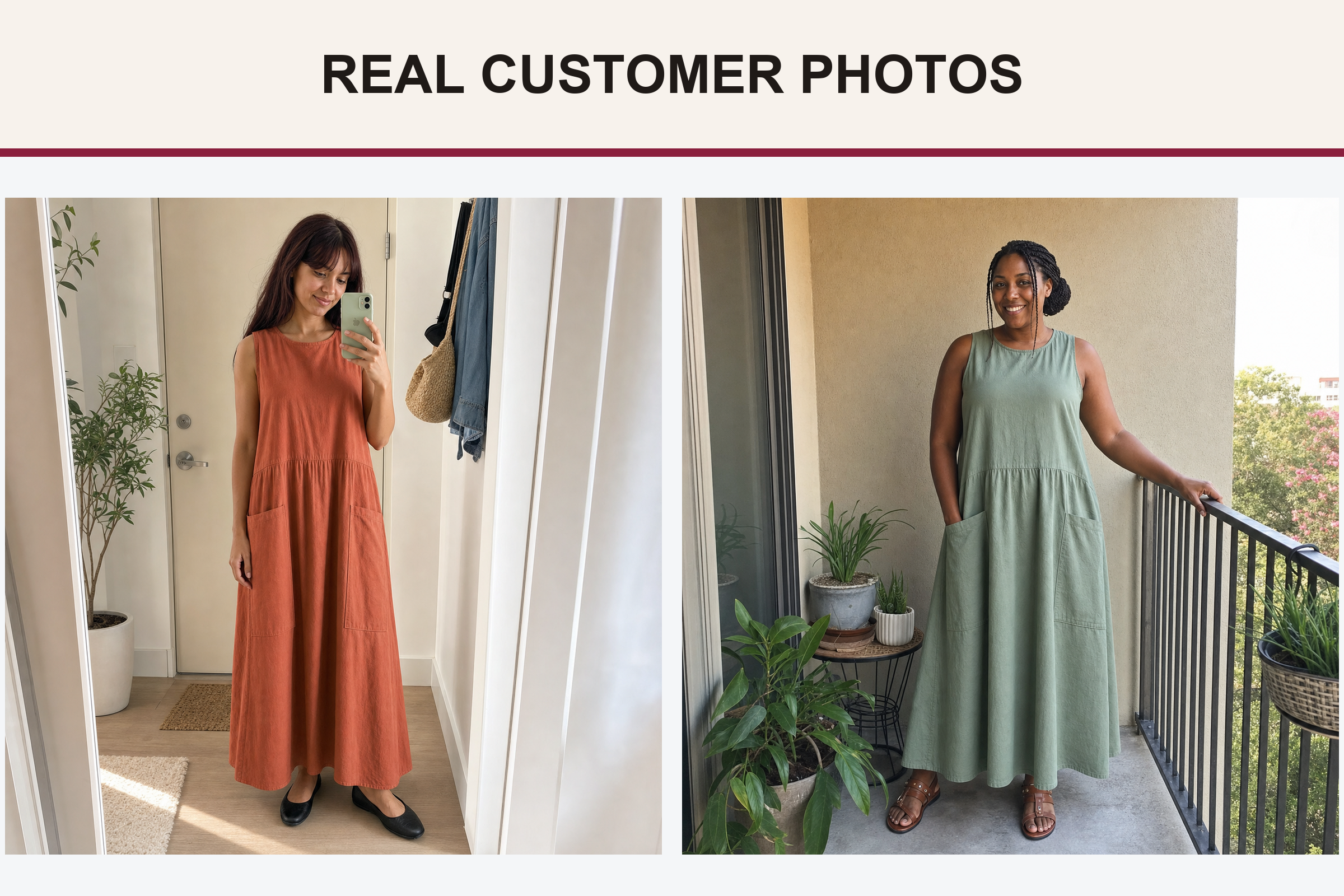 Real customer utility maxi dress photos in terracotta and sage green