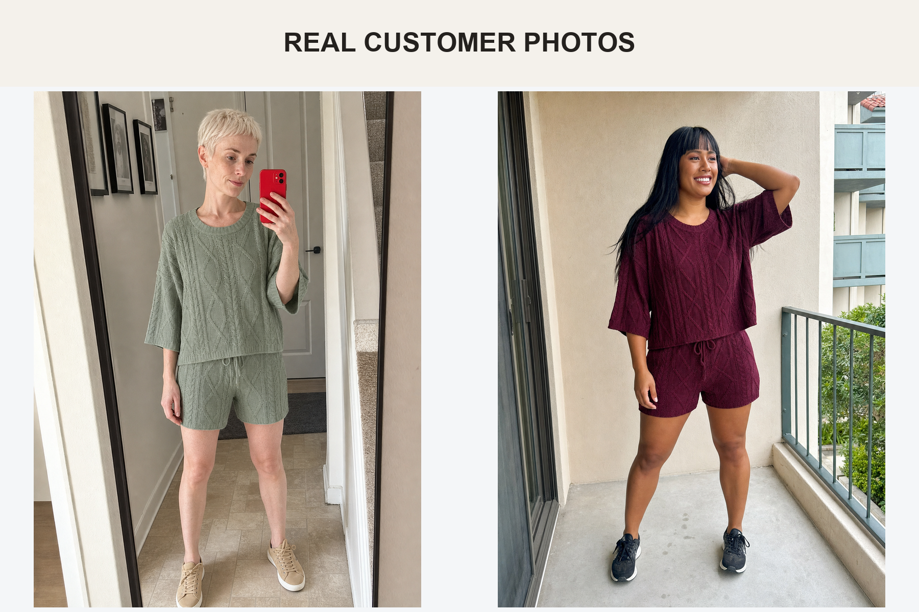 Real customer photos wearing sage and burgundy knit sets