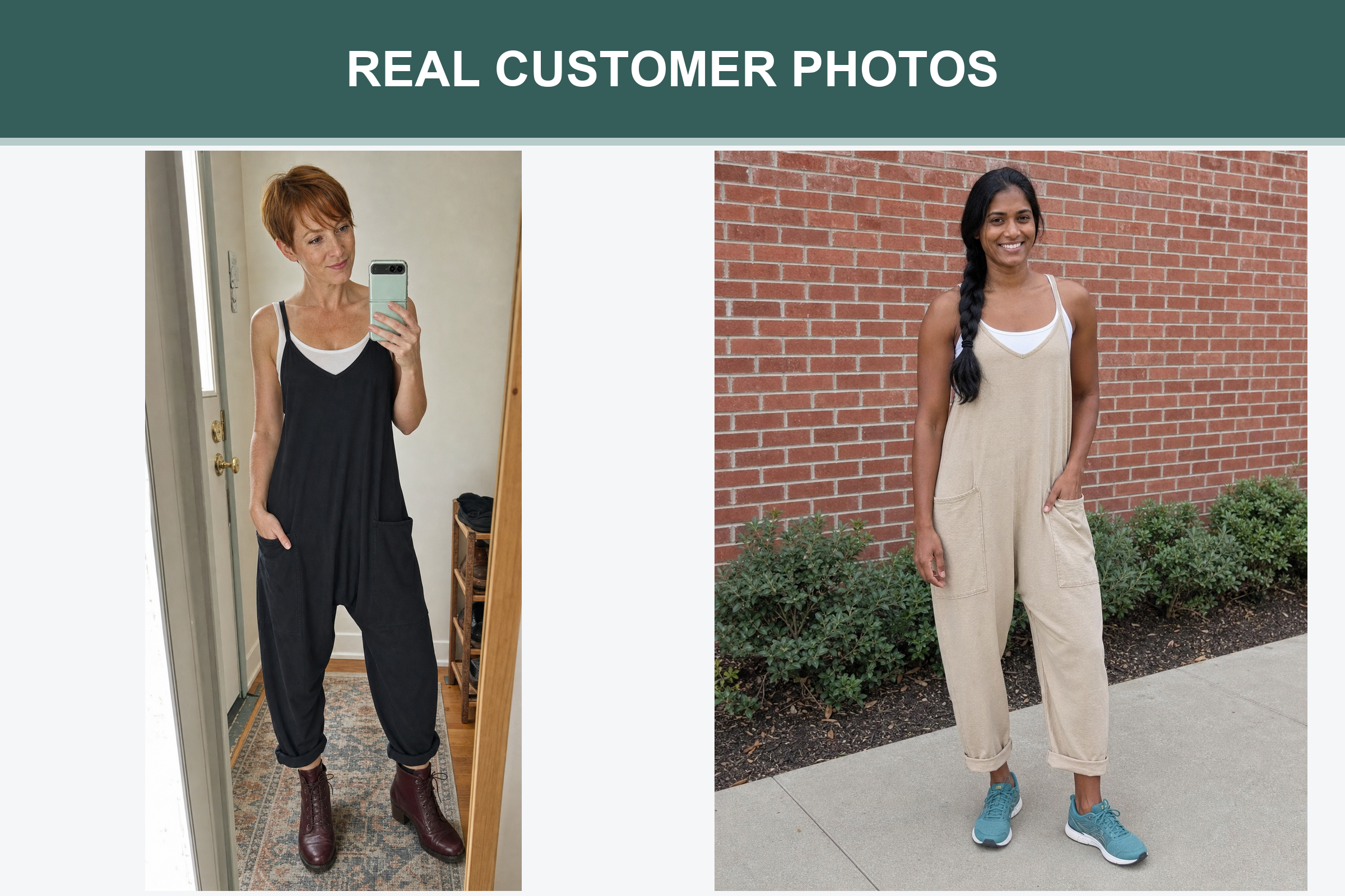 Real customer photos wearing black and warm sand relaxed jumpsuits