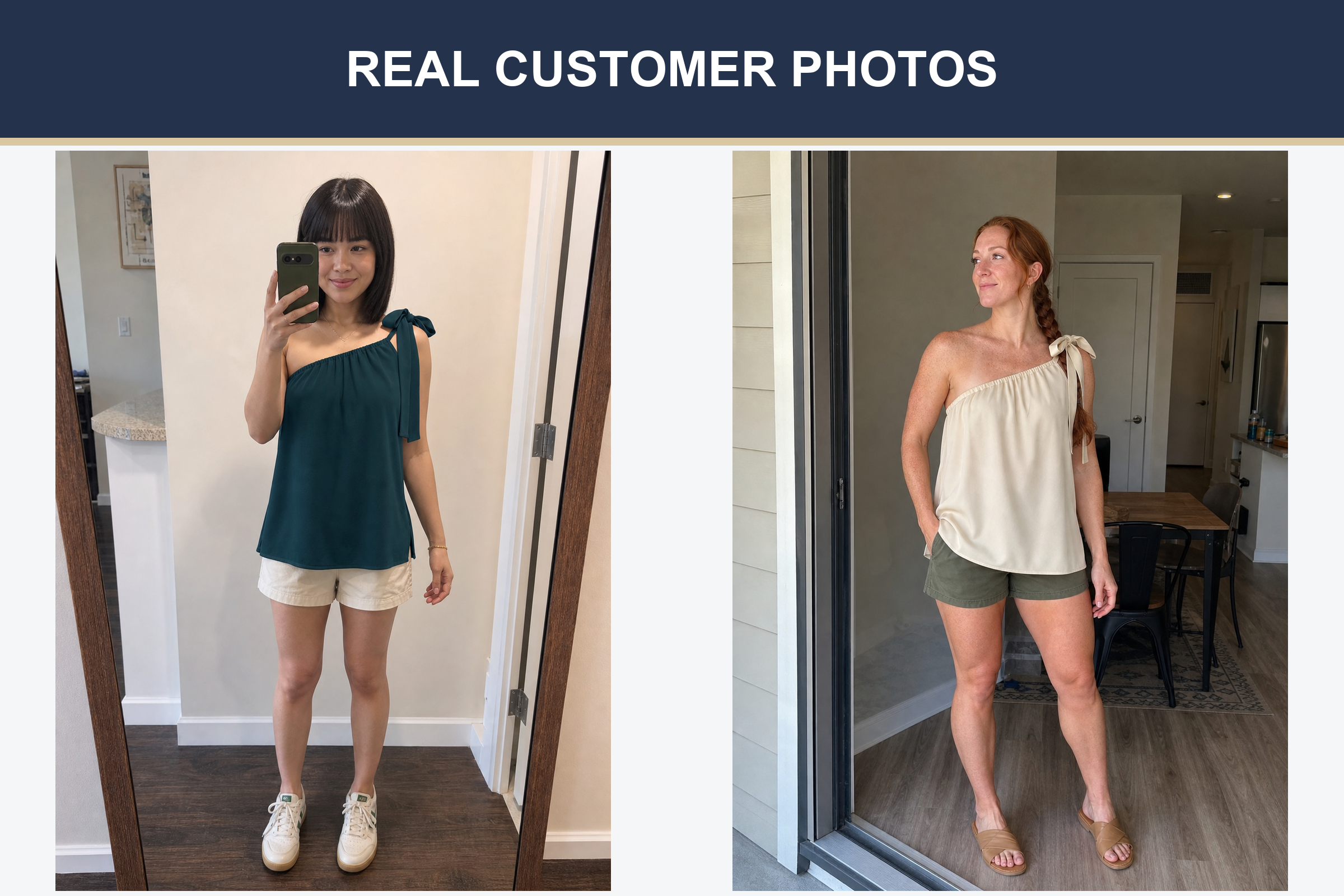 Real customer photos wearing deep teal and champagne one-shoulder tops