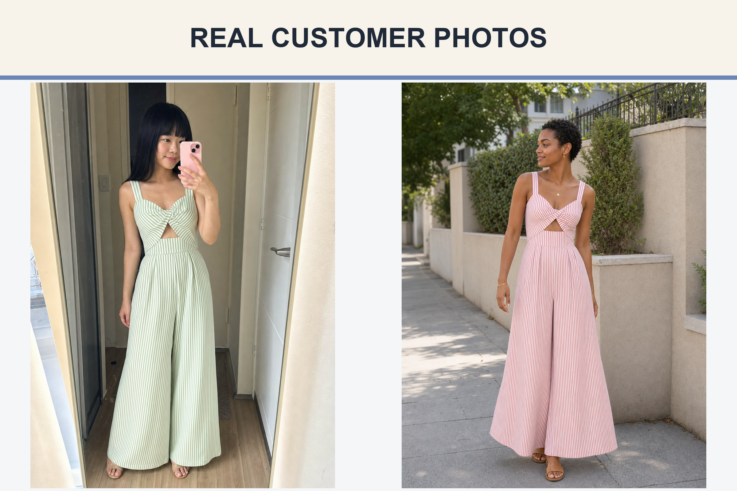 Customer photos wearing sage and dusty rose striped jumpsuits