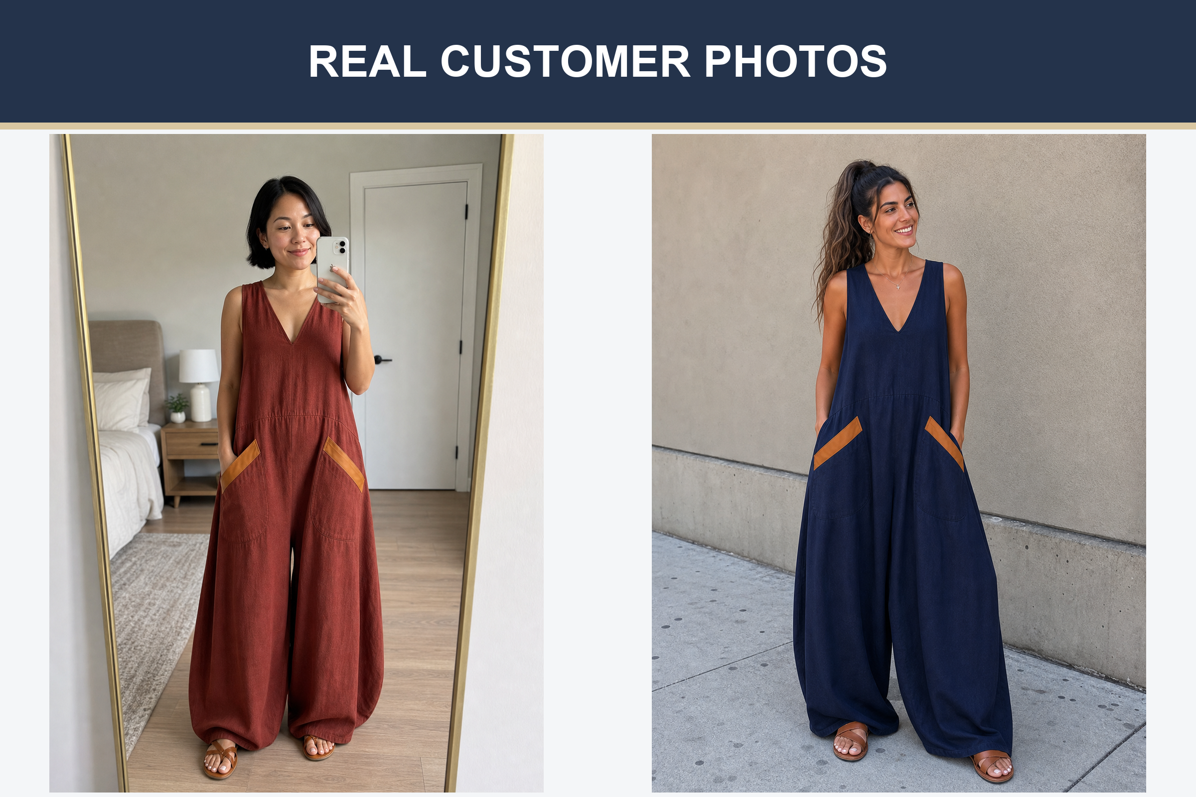 Real customer photos in rust brown and deep navy jumpsuits