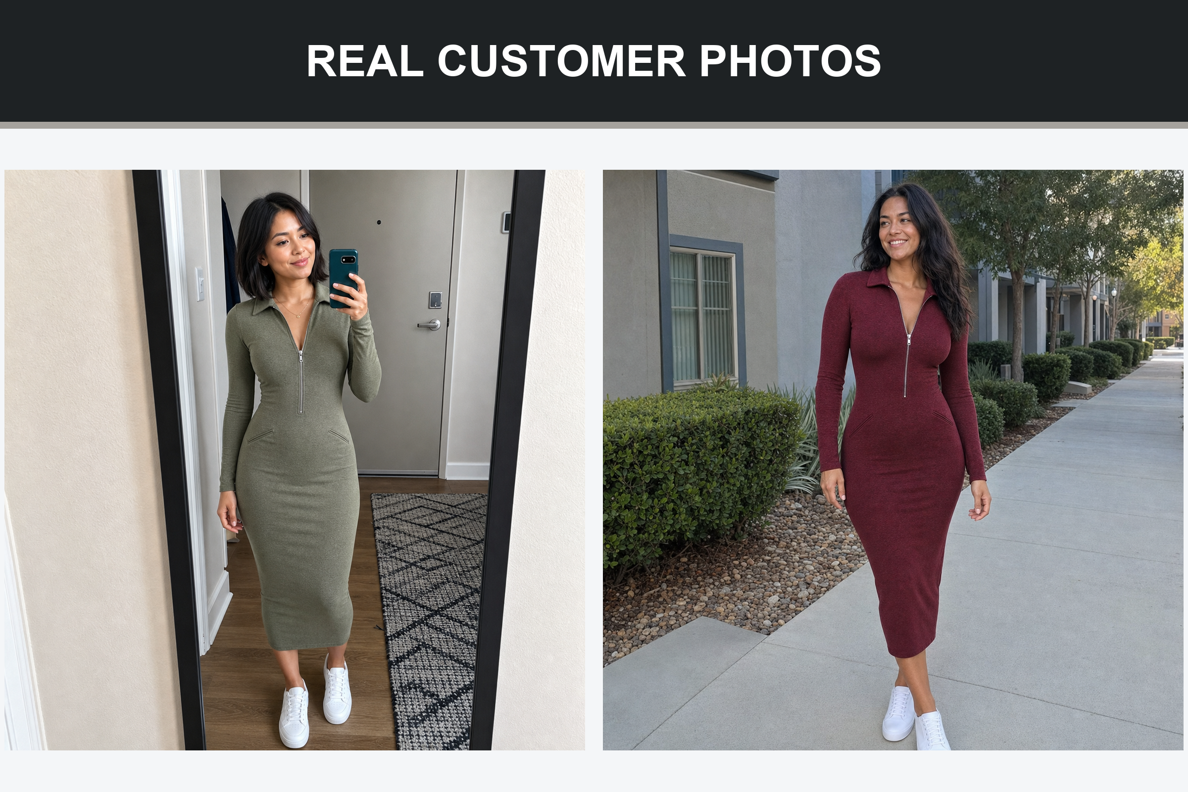 Real customer photos wearing olive and burgundy half-zip midi dresses