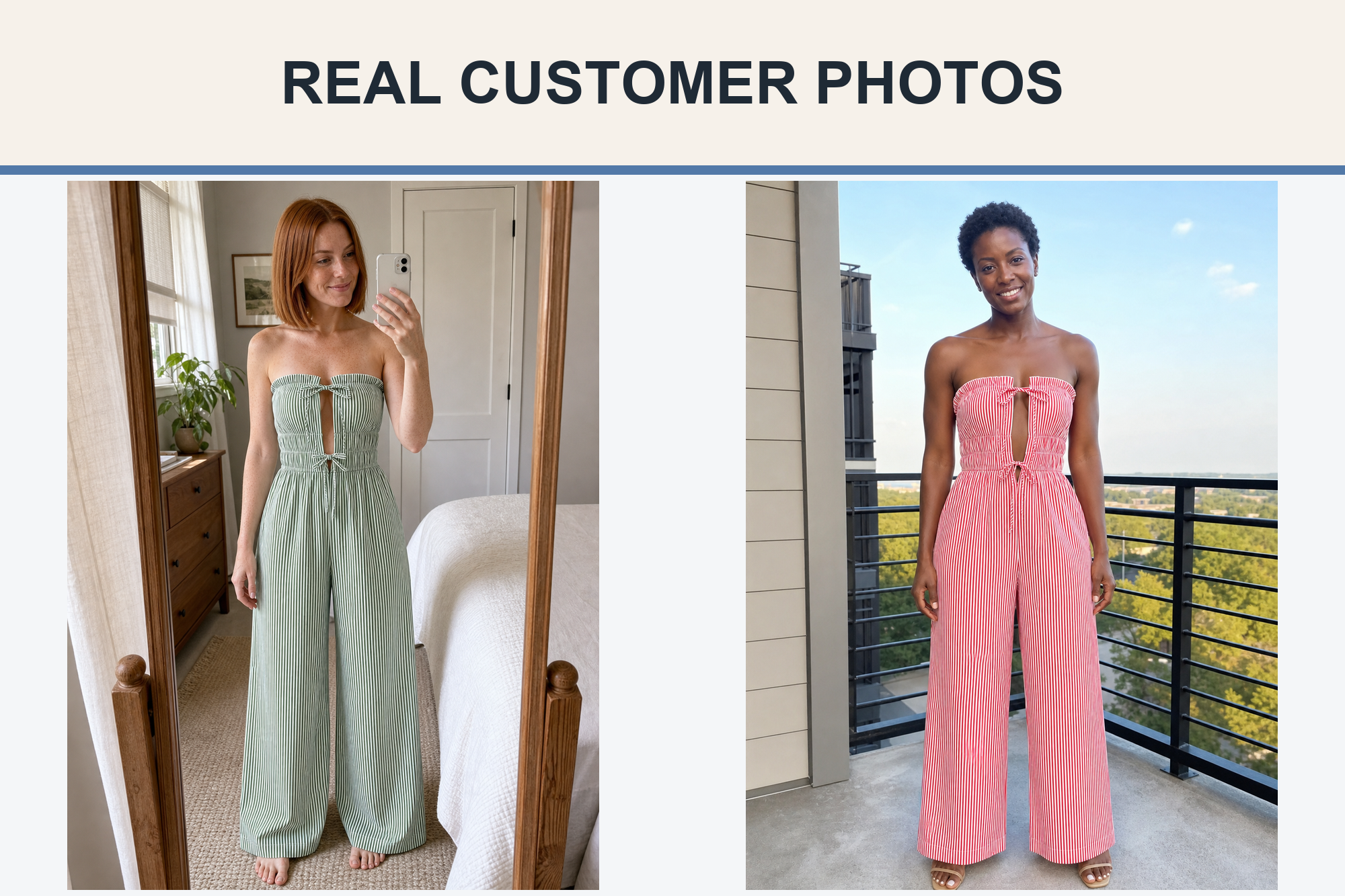 Real customer photos wearing green and red striped jumpsuits
