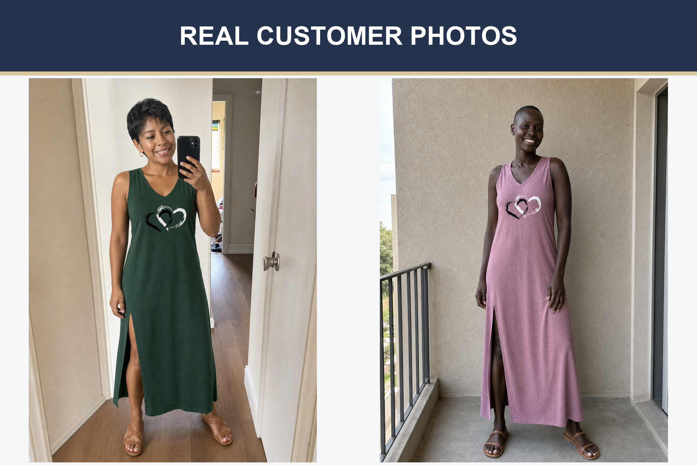 Real customer double-heart maxi dress photos in forest green and mauve