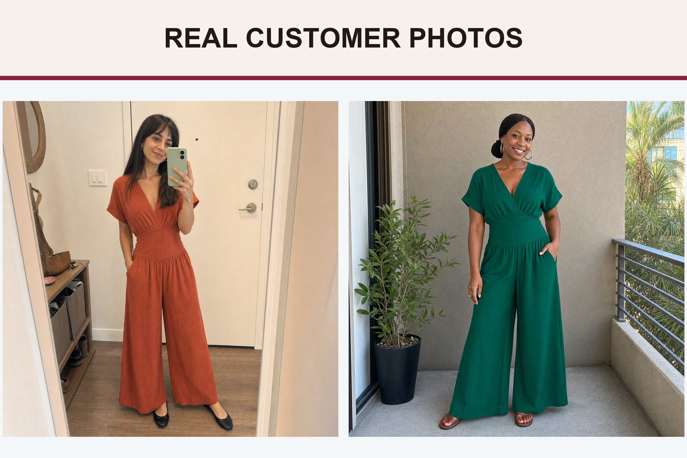Real customer wide-leg jumpsuit photos in rust and emerald green