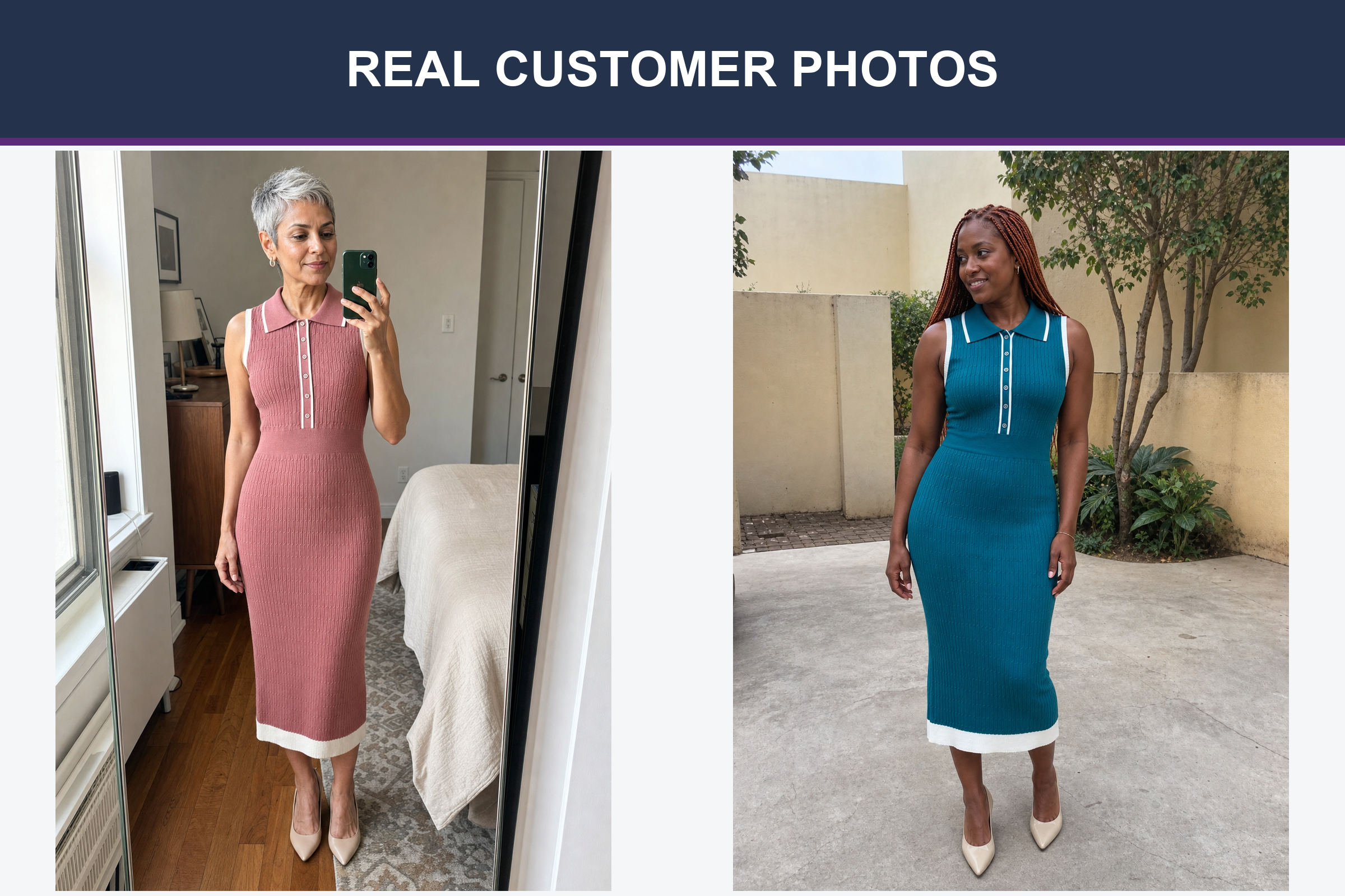 Real customer photos wearing dusty rose and teal knit polo dresses