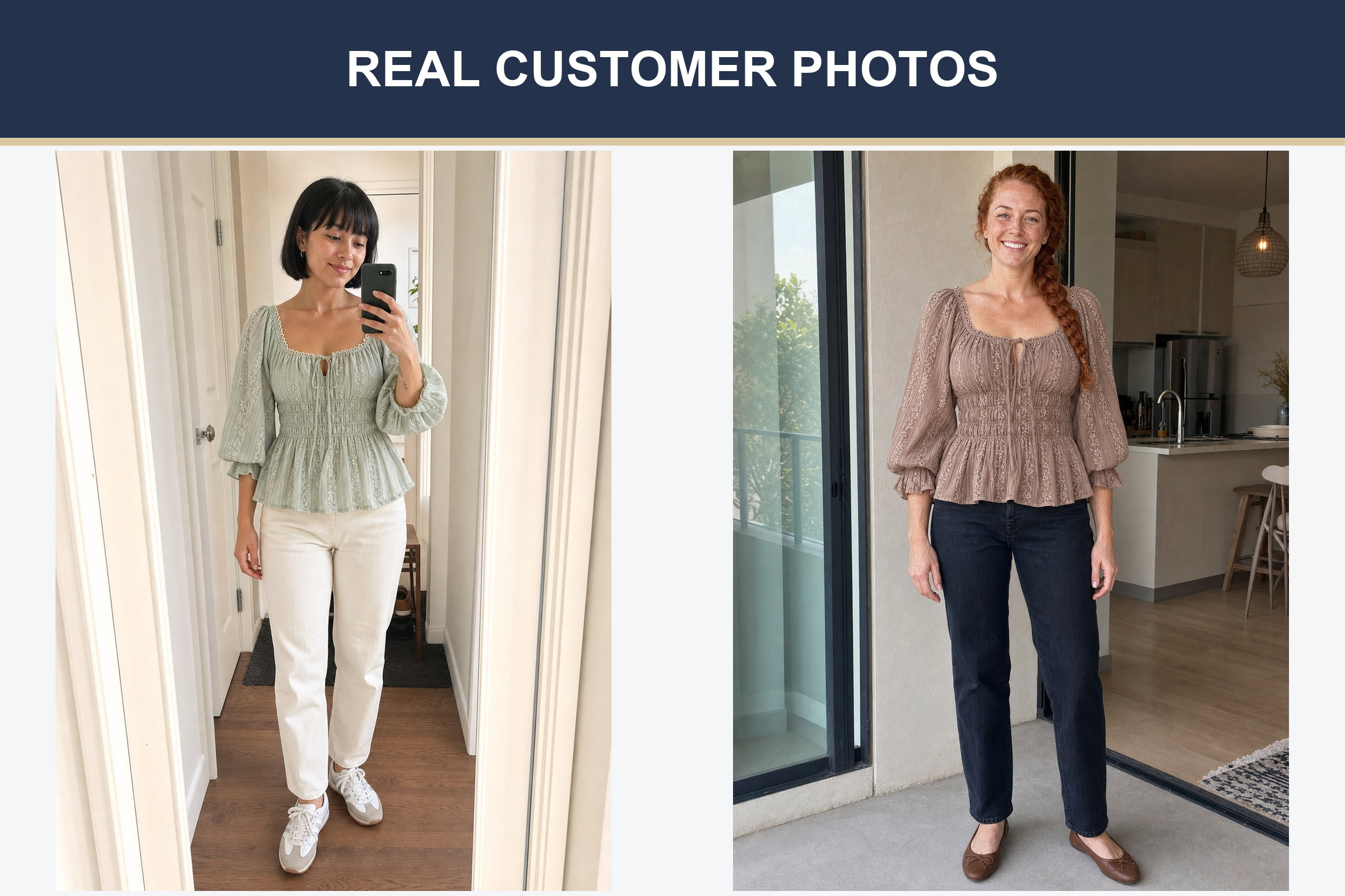 Real customer photos wearing sage and mocha smocked lace blouses